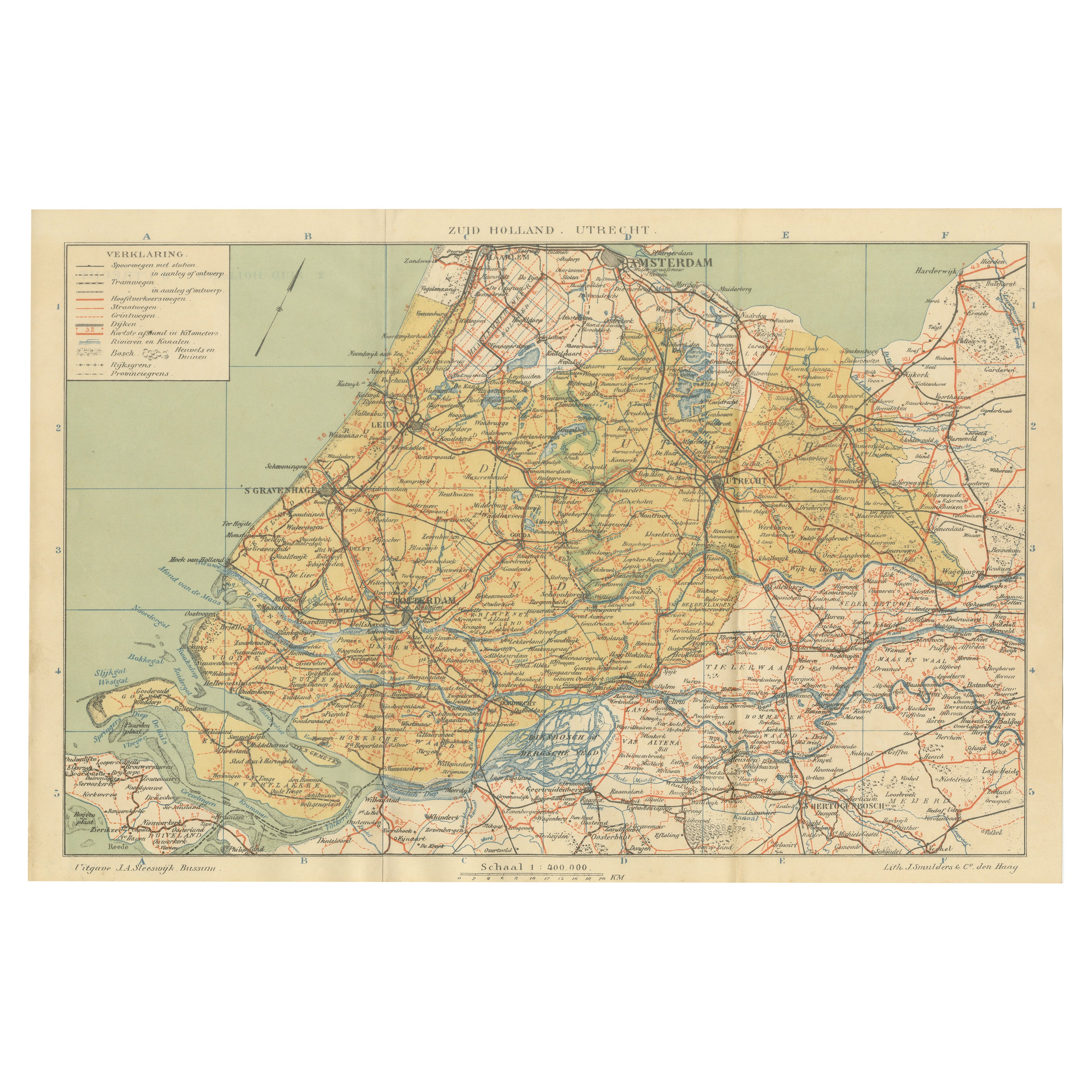 Antique Dutch Map of Zuid-Holland & Utrecht – Sleeswijk Provincial Atlas, 1914 For Sale