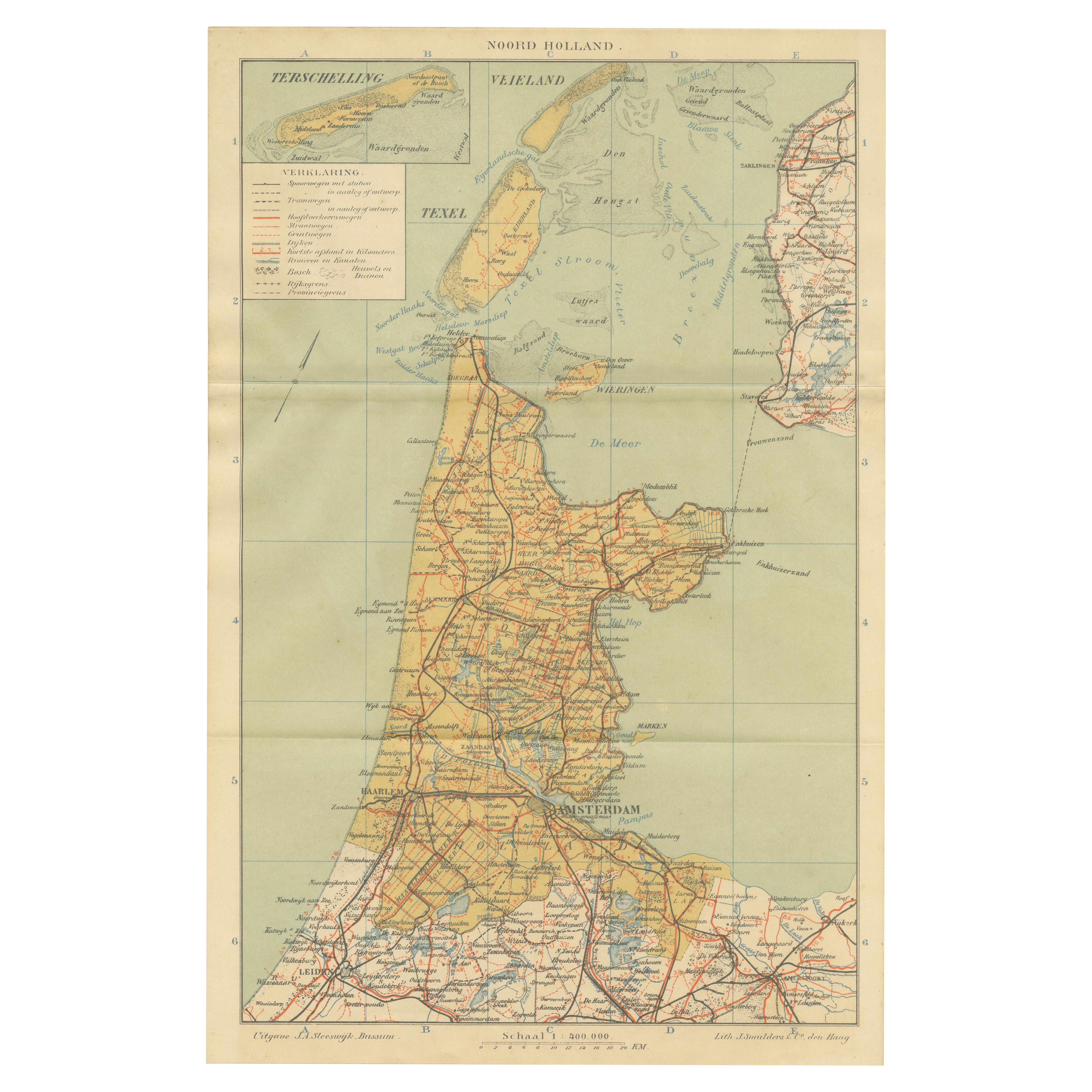 Antique Dutch Map – Province of Noord-Holland from Sleeswijk Atlas, 1914