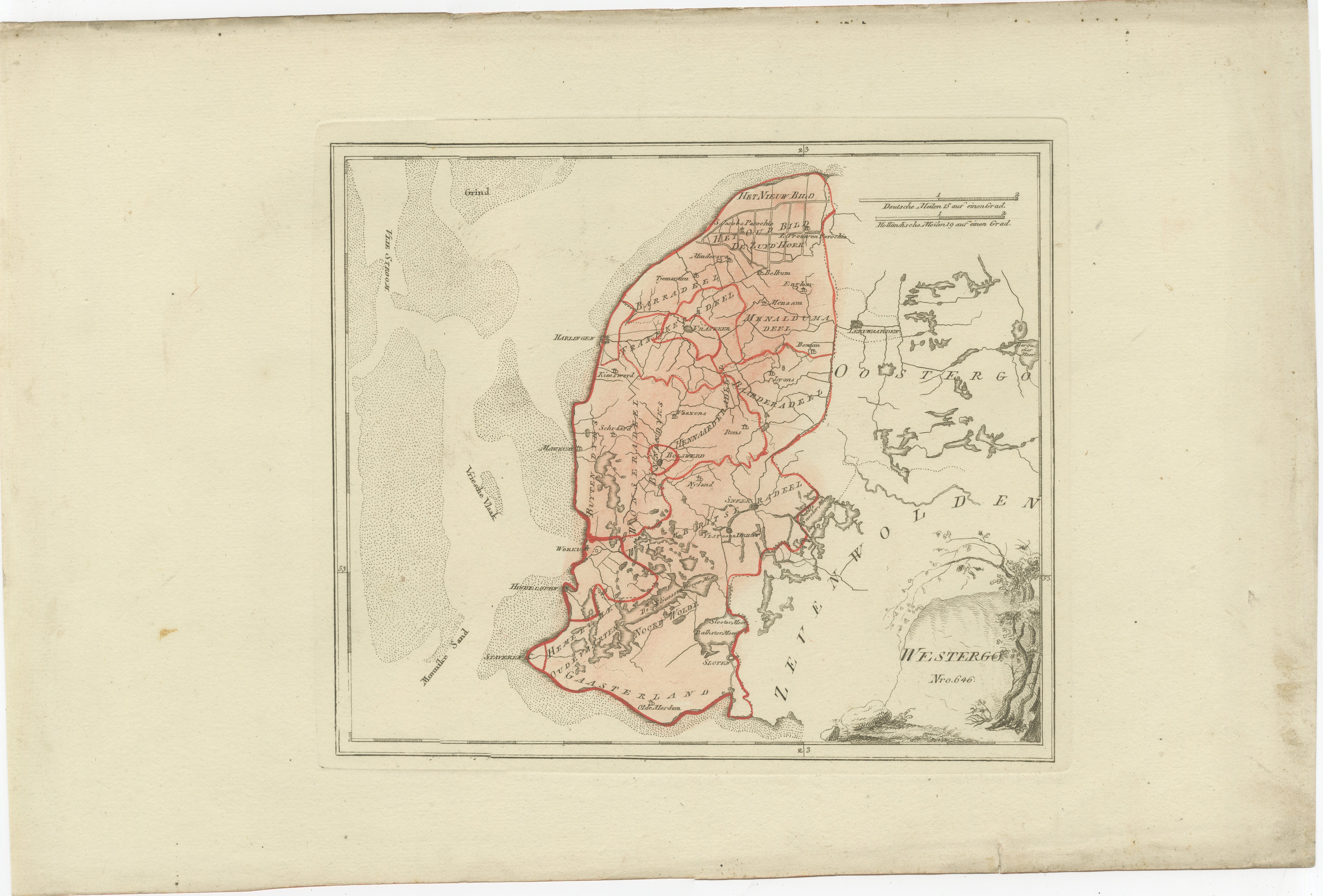 Carte ancienne de Westergo, Friesland par von Reilly, 1791

Carte originale gravée intitulée Westergoo No. 640, publiée à Vienne en 1791. Cette fiche présente la région du Westergo, cœur historique de la Frise, bordée à l'ouest et au nord par le