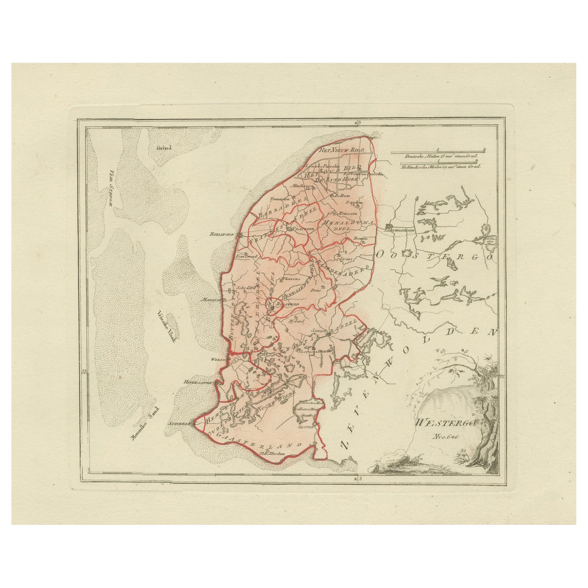Carte hollandaise ancienne - Région de Westergo en Frise par von Reilly, 1791