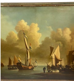 Peinture à l'huile maritime hollandaise ancienne représentant un paysage marin et un bateau