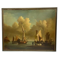 Peinture à l'huile maritime hollandaise ancienne représentant un paysage marin et un bateau