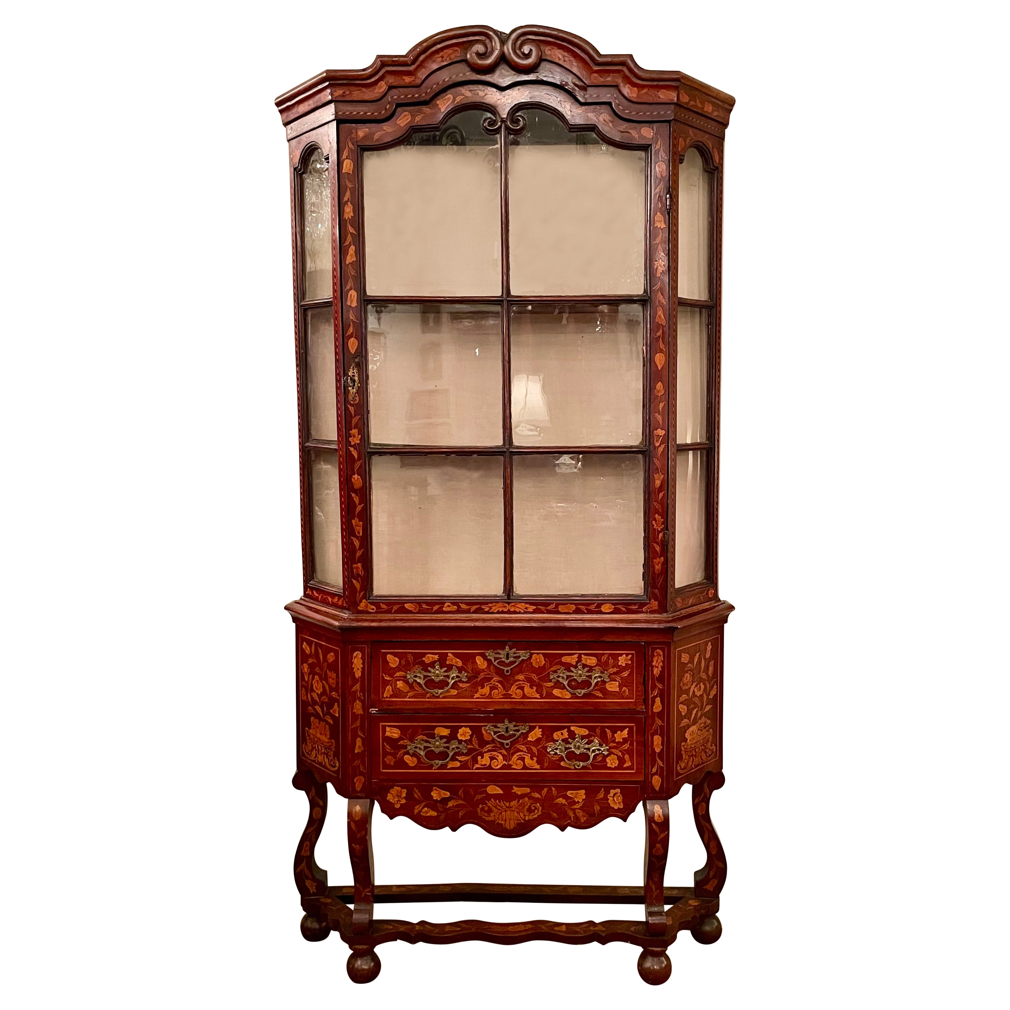 Antique Dutch Marquetry Display Cabinet, Circa 1880.