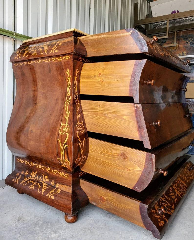 Baroque Antique Dutch Marquetry Inlaid Bombe Chest of Drawers For Sale