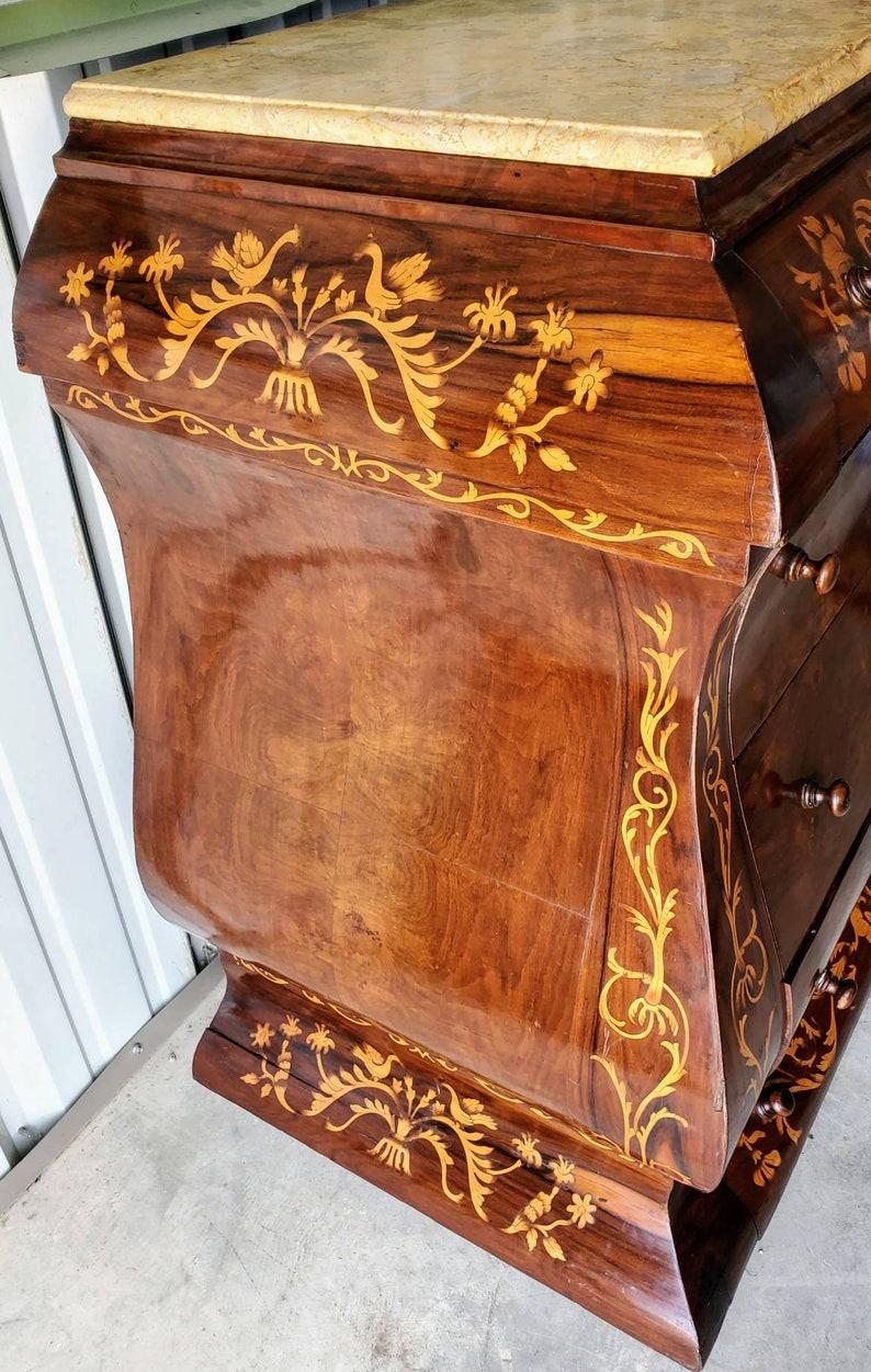 19th Century Antique Dutch Marquetry Inlaid Bombe Chest of Drawers For Sale