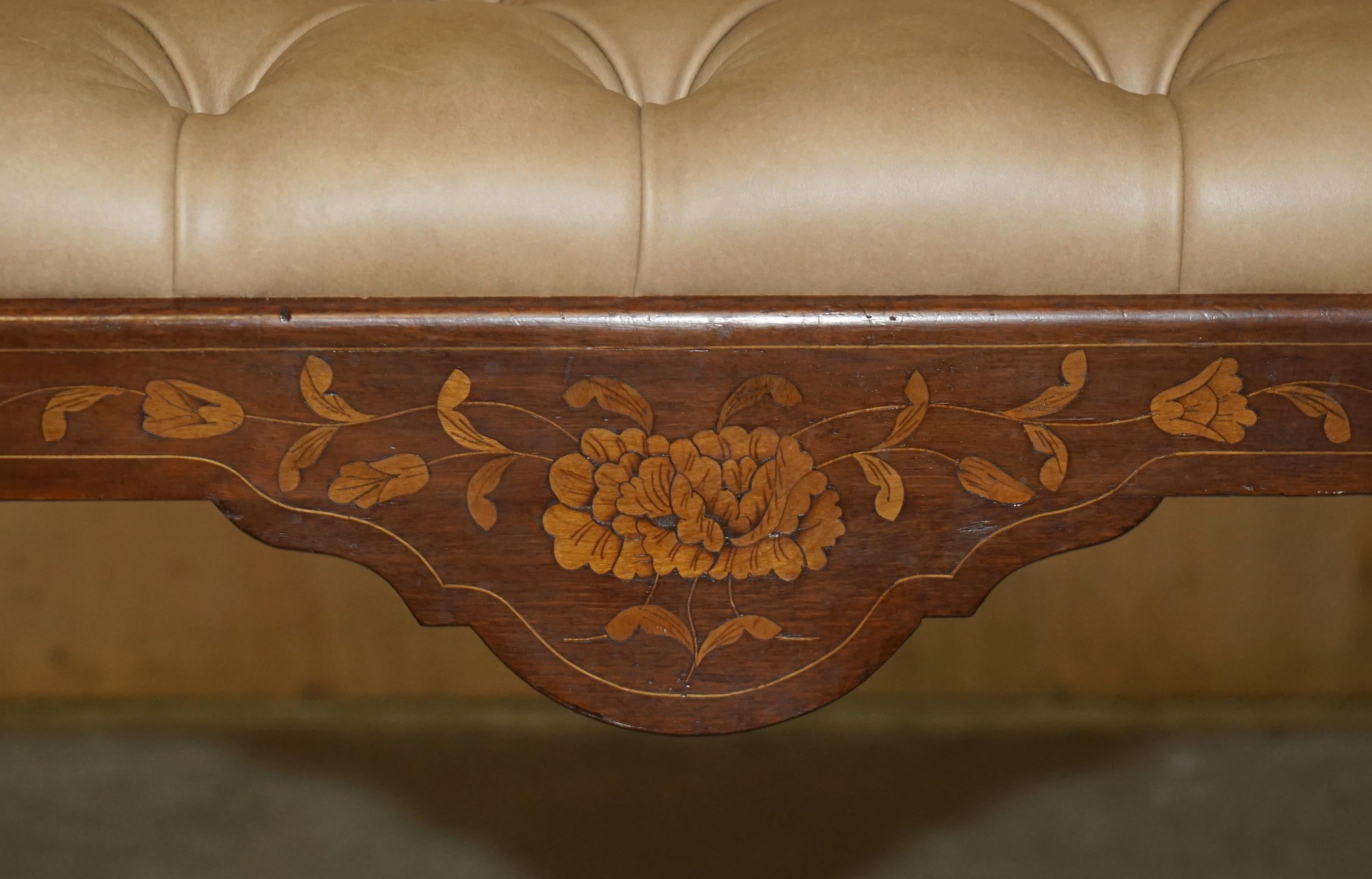 ANTIQUE DUTCH MARQUETRY INLAID CLAW & BALL FEET CHESTERFiELD BROWN LEATHER BENCH 6