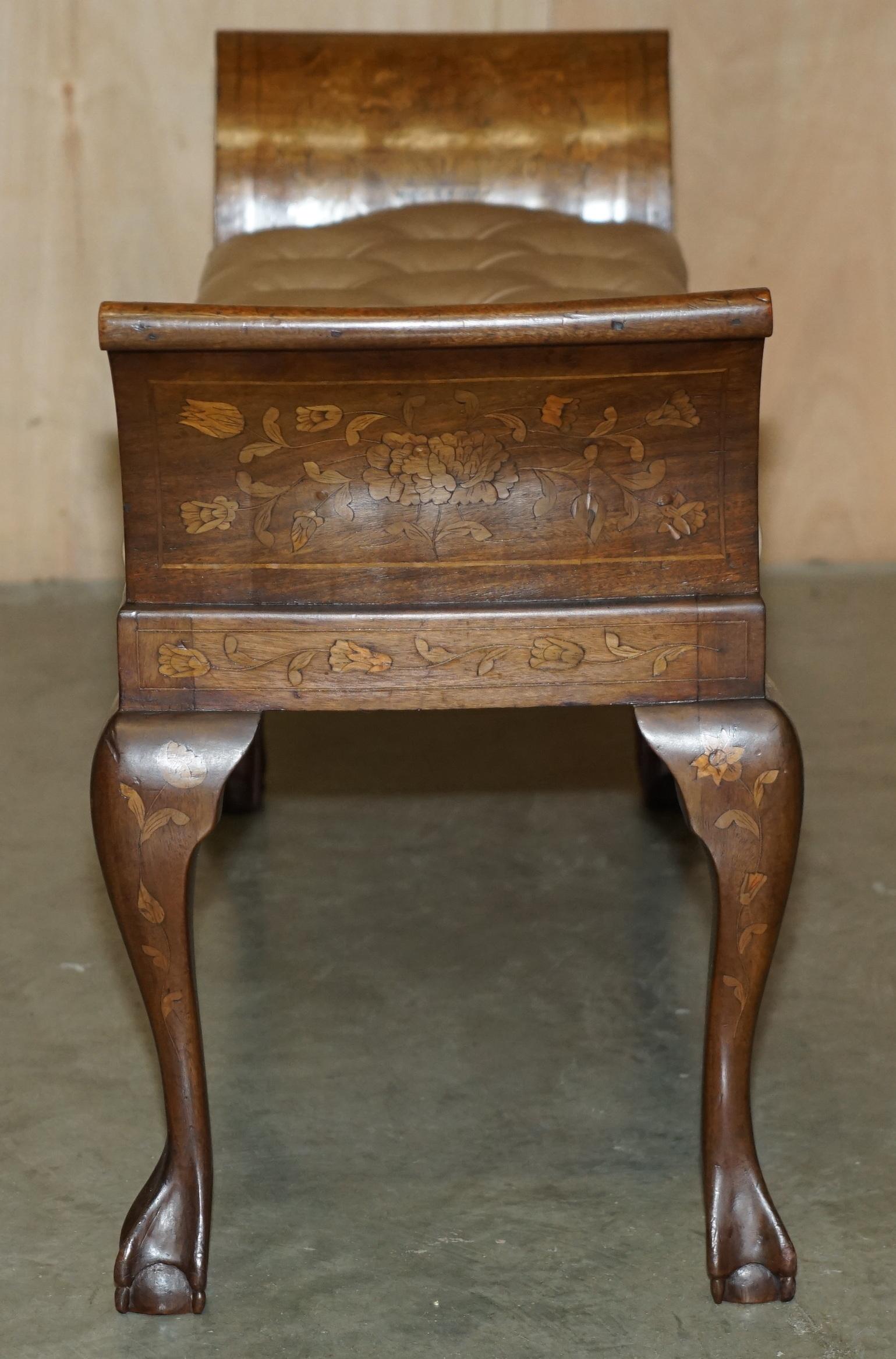 ANTIQUE DUTCH MARQUETRY INLAID CLAW & BALL FEET CHESTERFiELD BROWN LEATHER BENCH For Sale 10