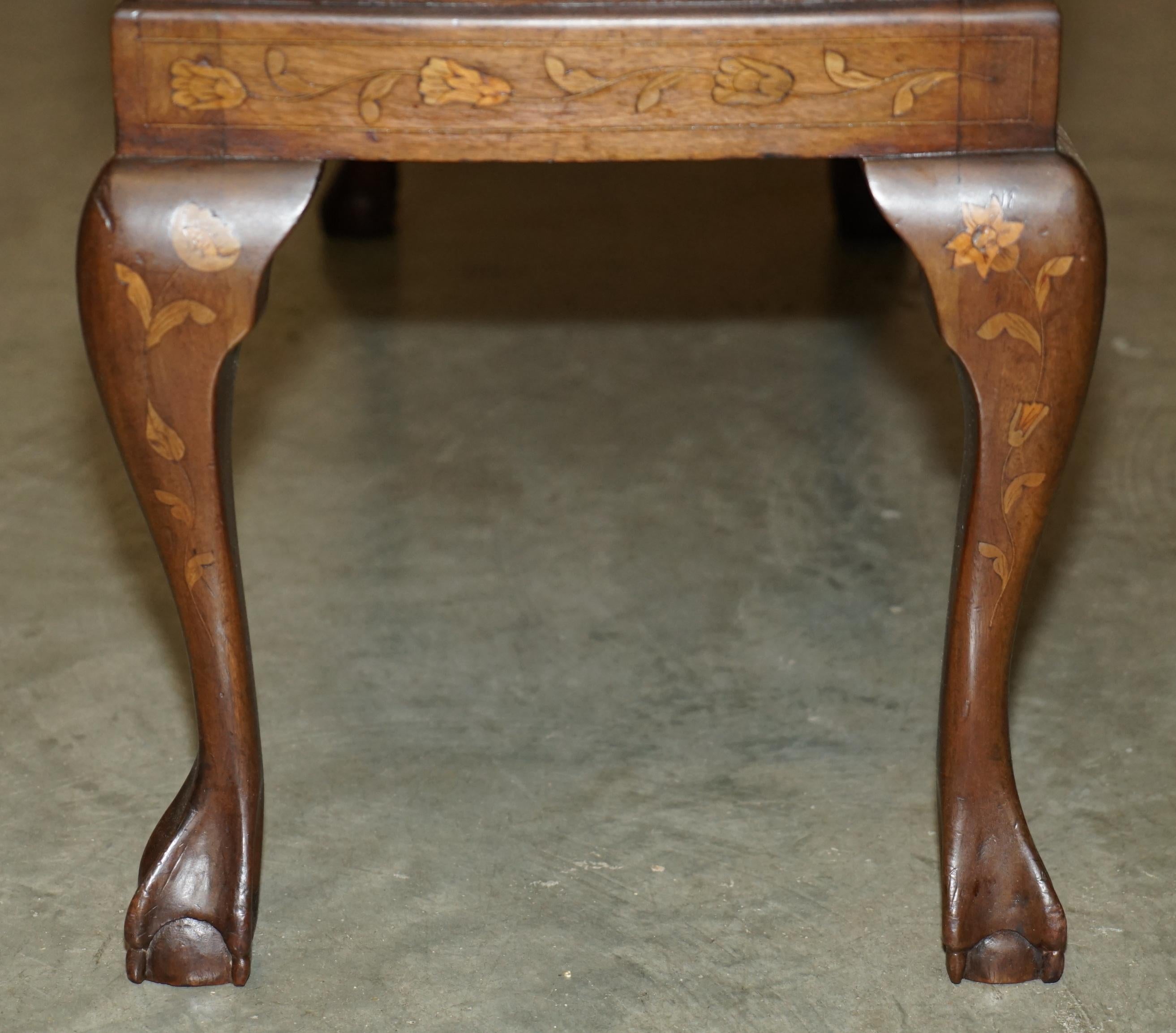 ANTIQUE DUTCH MARQUETRY INLAID CLAW & BALL FEET CHESTERFiELD BROWN LEATHER BENCH For Sale 12