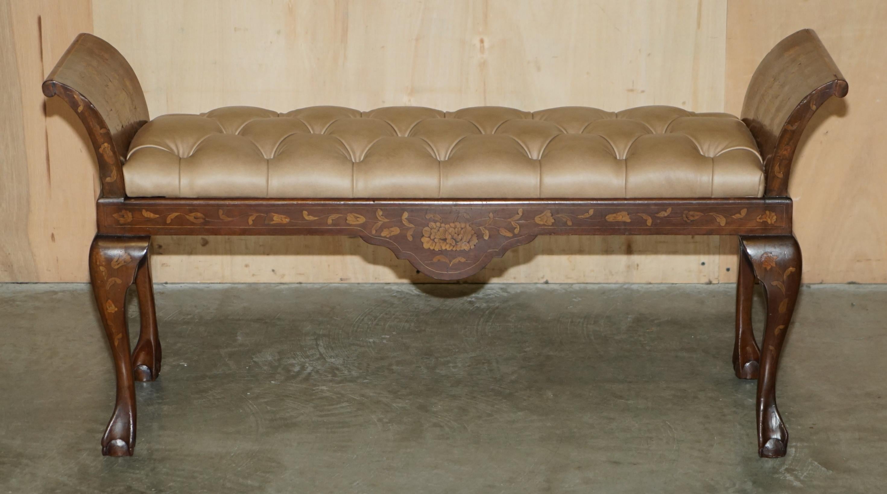 Chesterfield ANTIQUE DUTCH MARQUETRY INLAID CLAW & BALL FEET CHESTERFiELD BROWN LEATHER BENCH