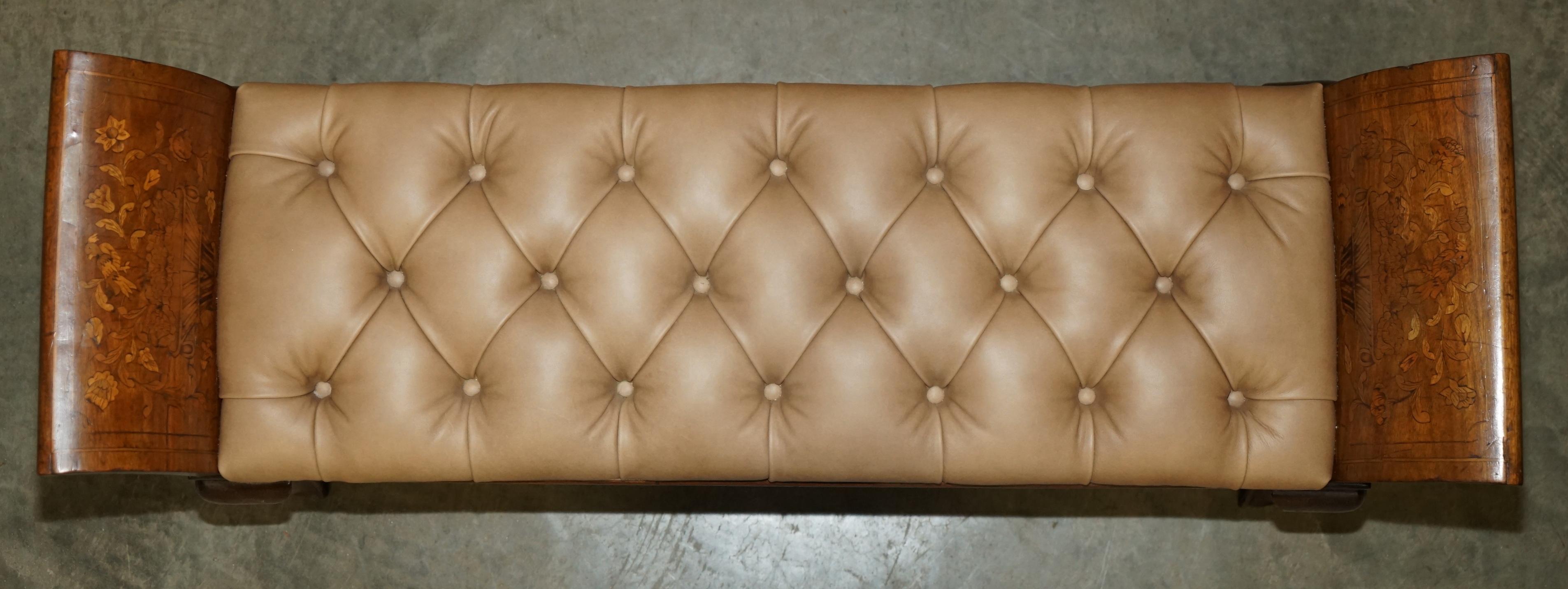 Danish ANTIQUE DUTCH MARQUETRY INLAID CLAW & BALL FEET CHESTERFiELD BROWN LEATHER BENCH