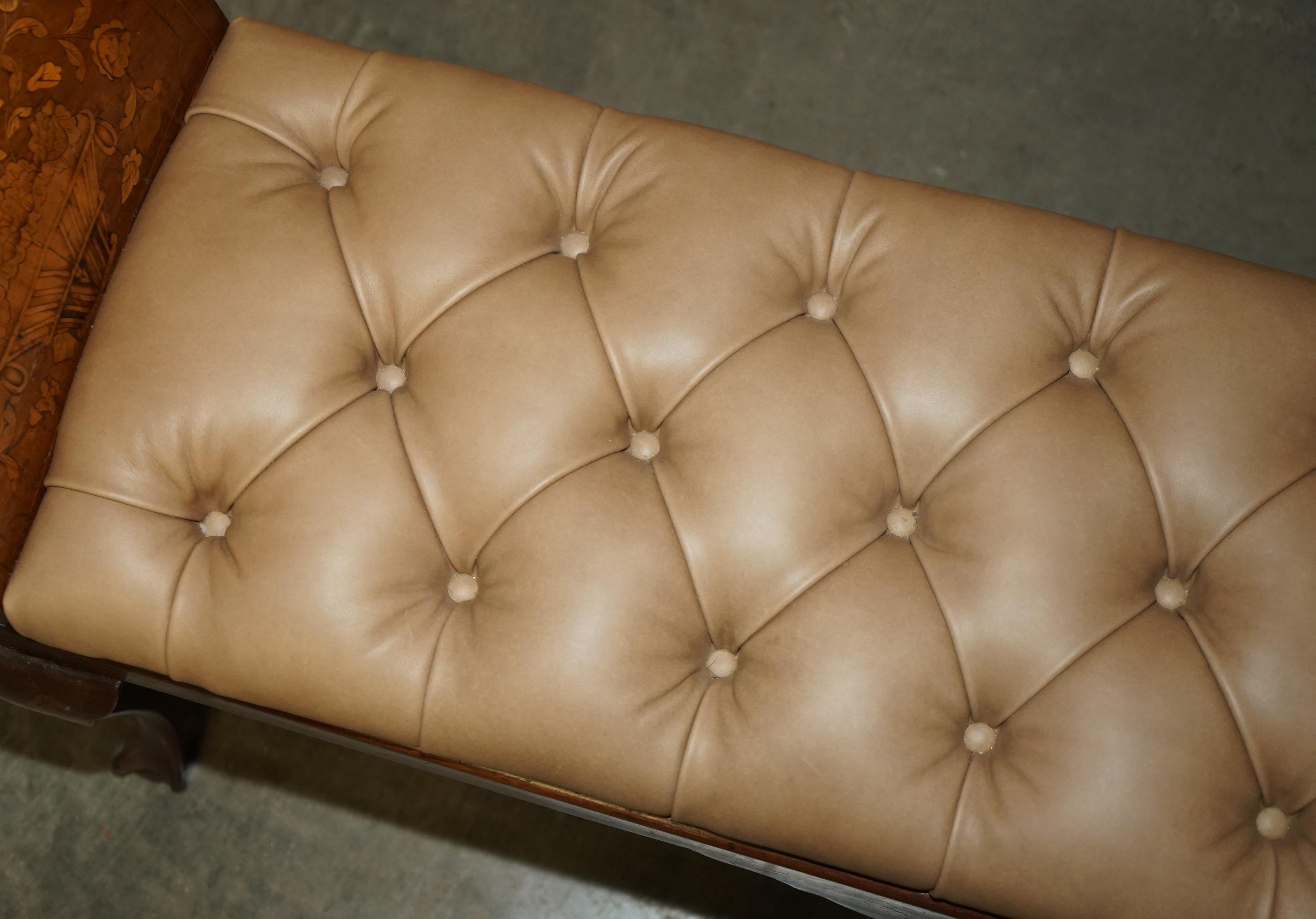 Hand-Crafted ANTIQUE DUTCH MARQUETRY INLAID CLAW & BALL FEET CHESTERFiELD BROWN LEATHER BENCH