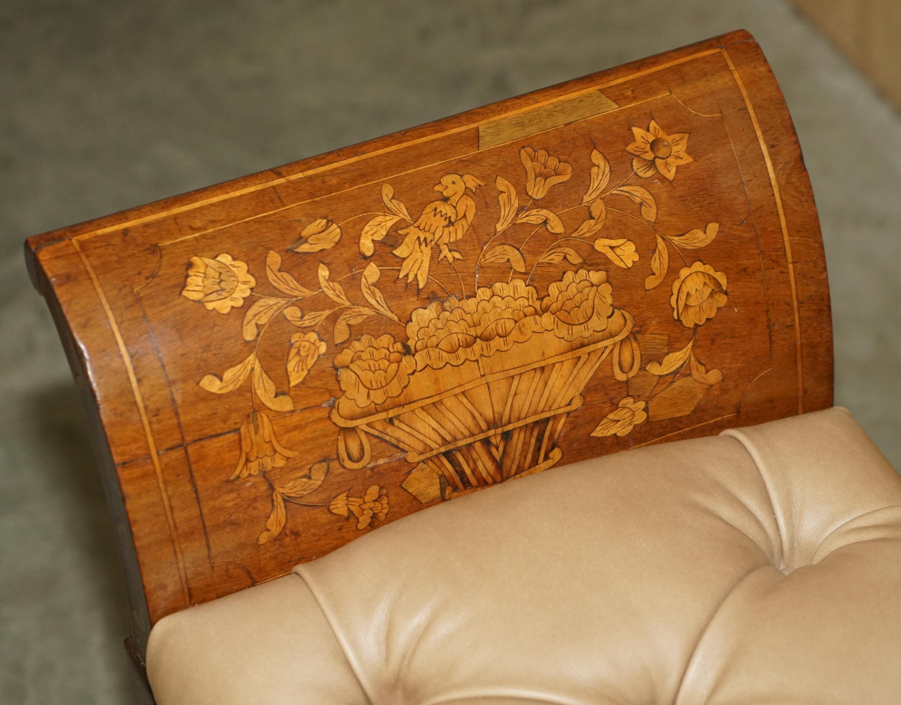 ANTIQUE DUTCH MARQUETRY INLAID CLAW & BALL FEET CHESTERFiELD BROWN LEATHER BENCH In Good Condition In West Sussex, Pulborough