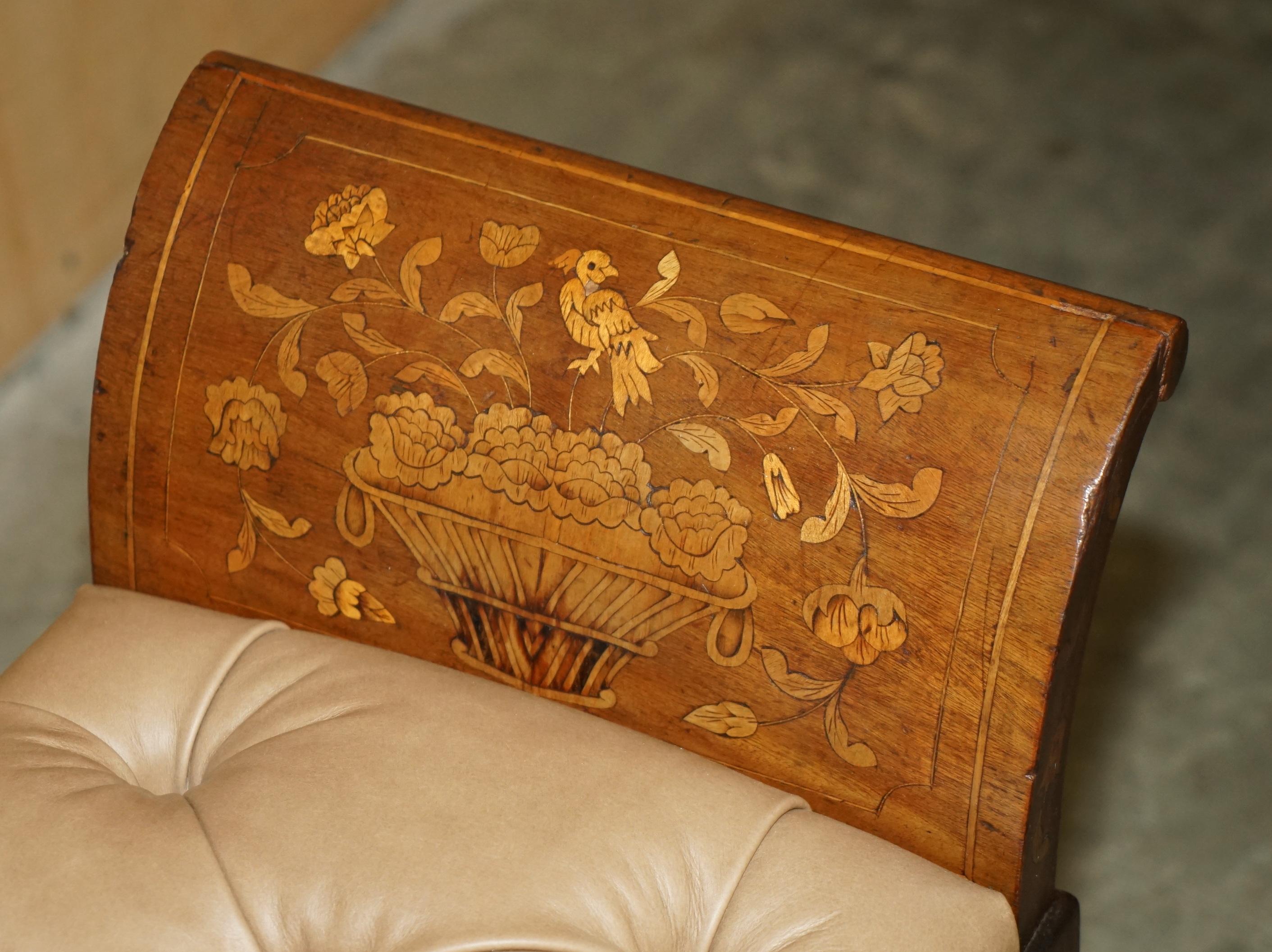 Leather ANTIQUE DUTCH MARQUETRY INLAID CLAW & BALL FEET CHESTERFiELD BROWN LEATHER BENCH For Sale