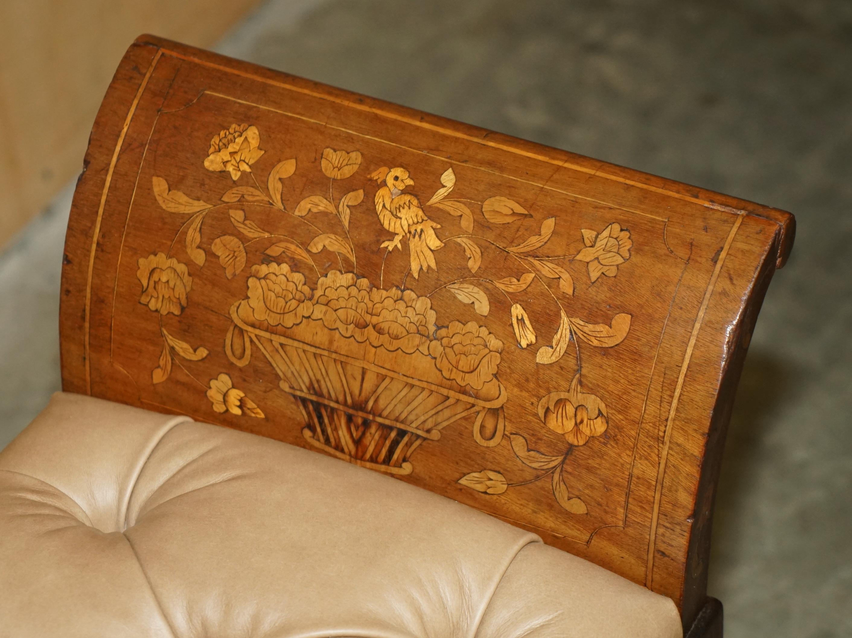 Mid-19th Century ANTIQUE DUTCH MARQUETRY INLAID CLAW & BALL FEET CHESTERFiELD BROWN LEATHER BENCH