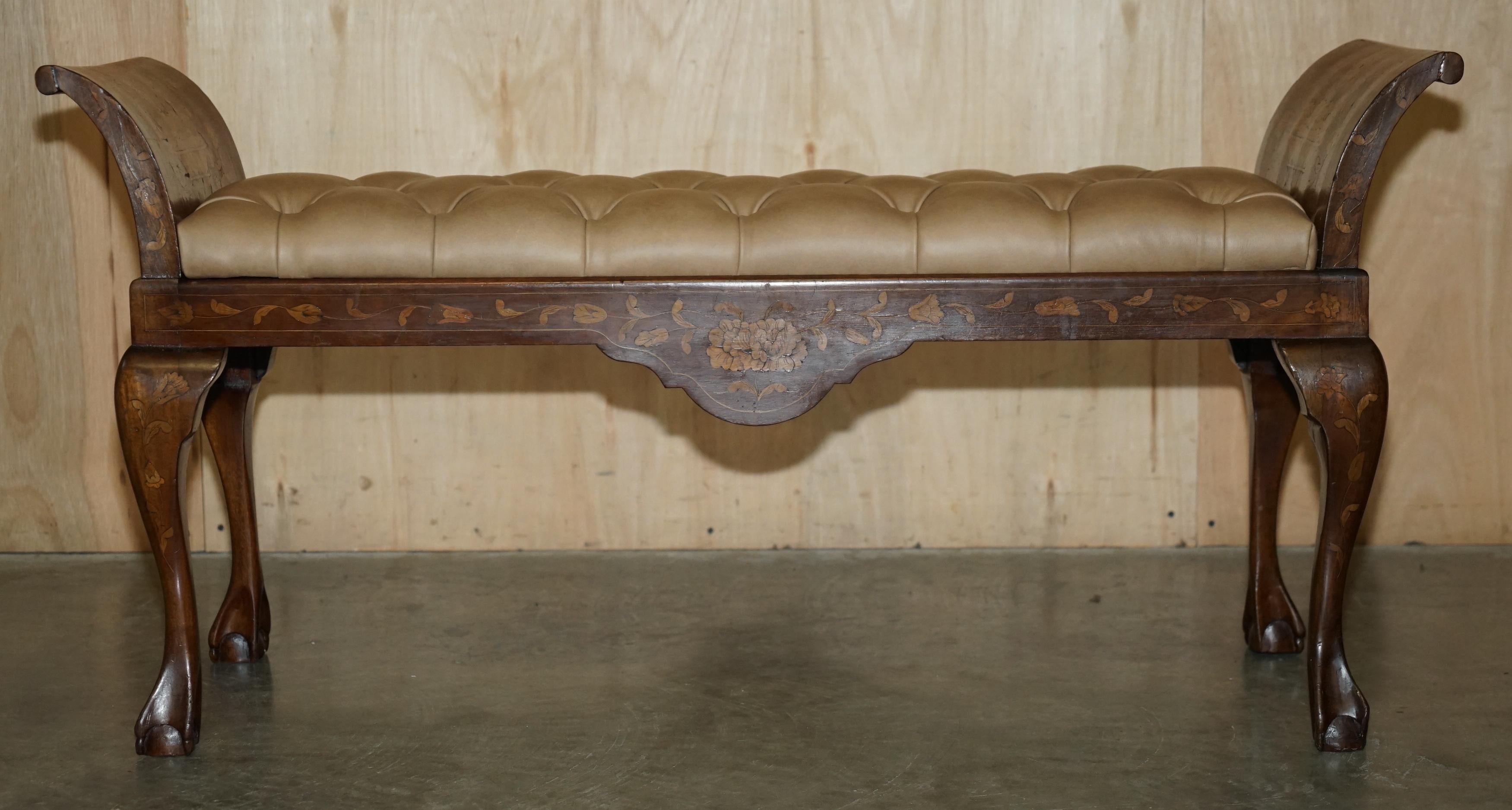 ANTIQUE DUTCH MARQUETRY INLAID CLAW & BALL FEET CHESTERFiELD BROWN LEATHER BENCH 1