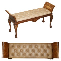 Used DUTCH MARQUETRY INLAID CLAW & BALL FEET CHESTERFiELD BROWN LEATHER BENCH