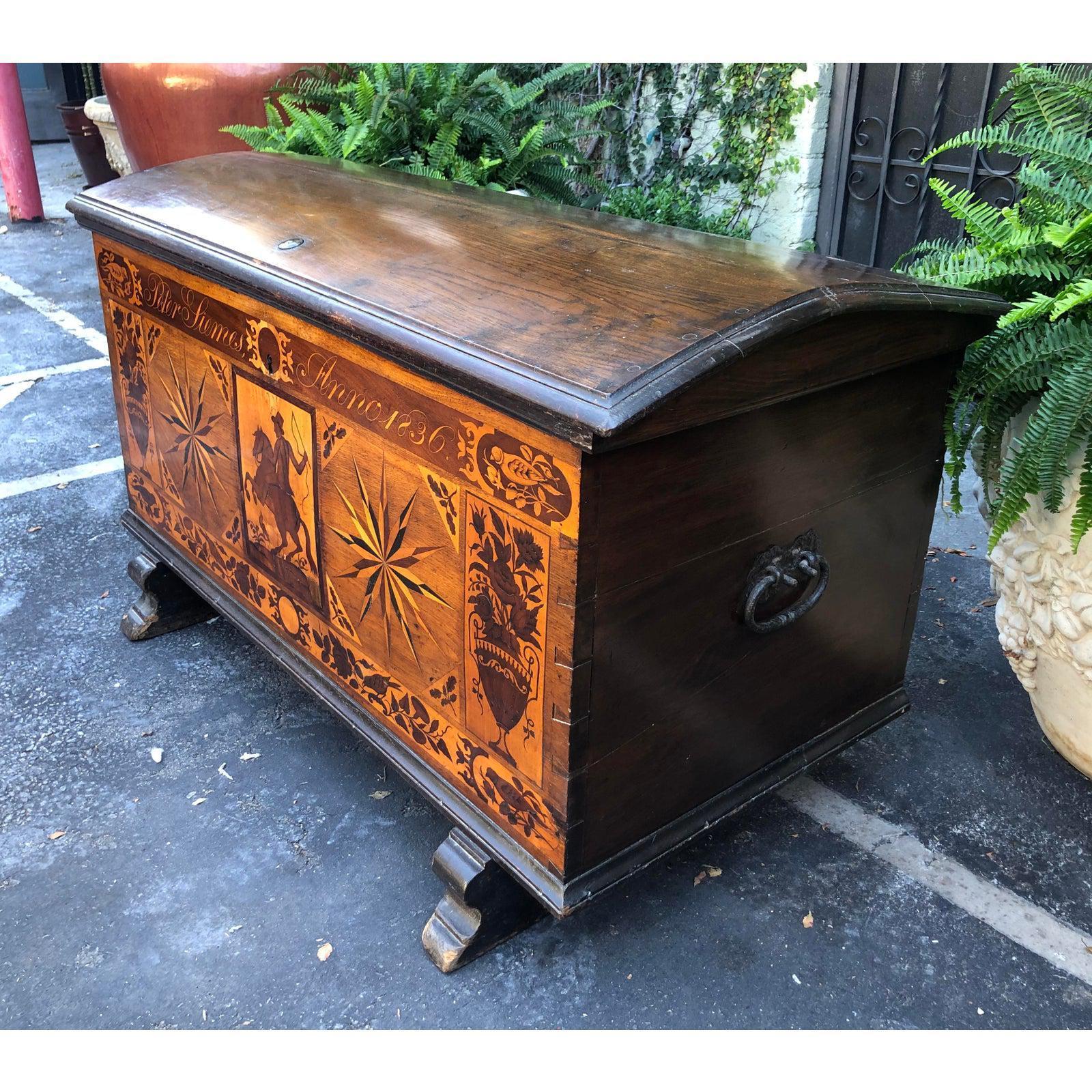 Dutch Colonial Antique Dutch Marquetry Inlaid Dome Top Marriage Coffer / Chest, Circa 1836 For Sale