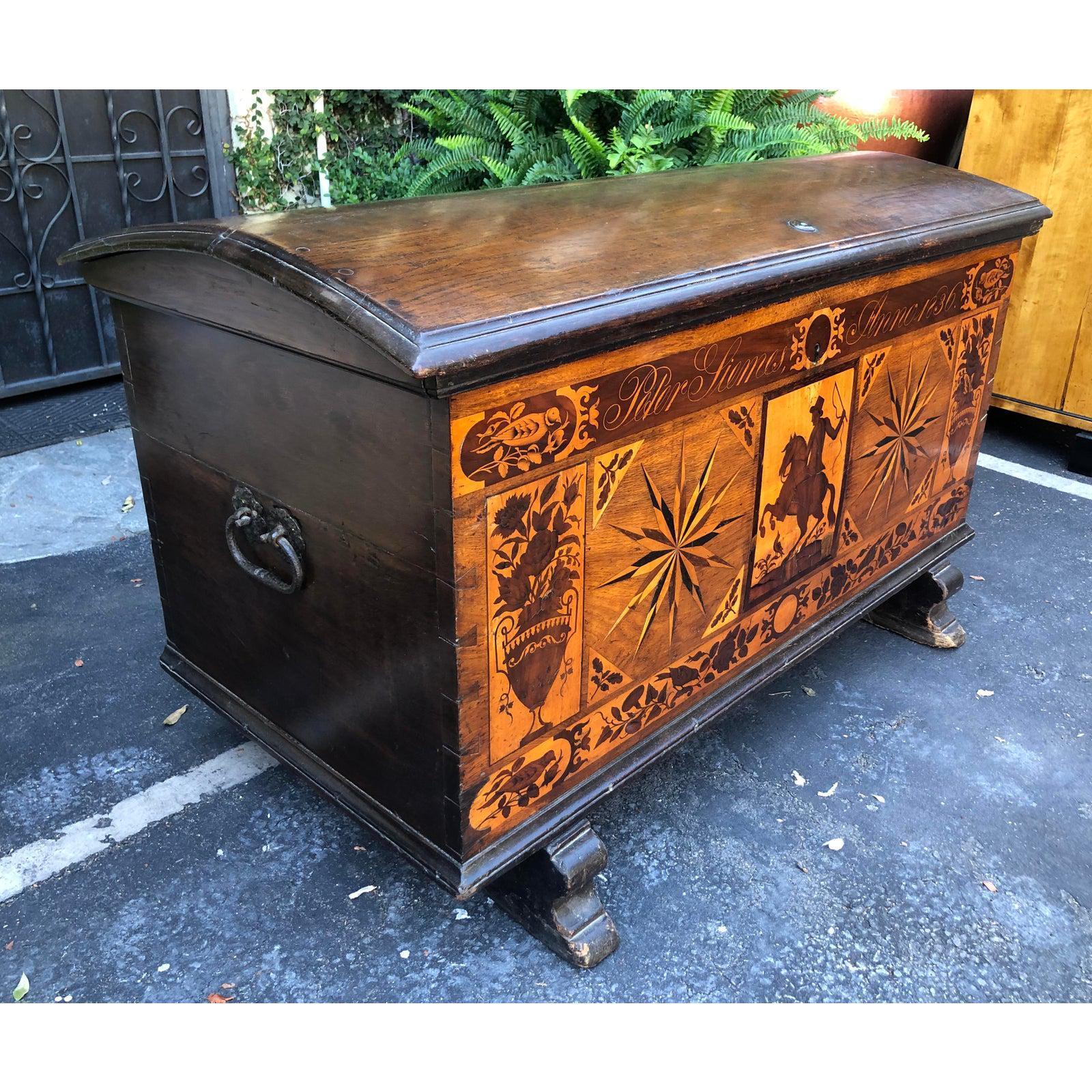 Antique Dutch Marquetry Inlaid Dome Top Marriage Coffer / Chest, Circa 1836 In Good Condition For Sale In LOS ANGELES, CA