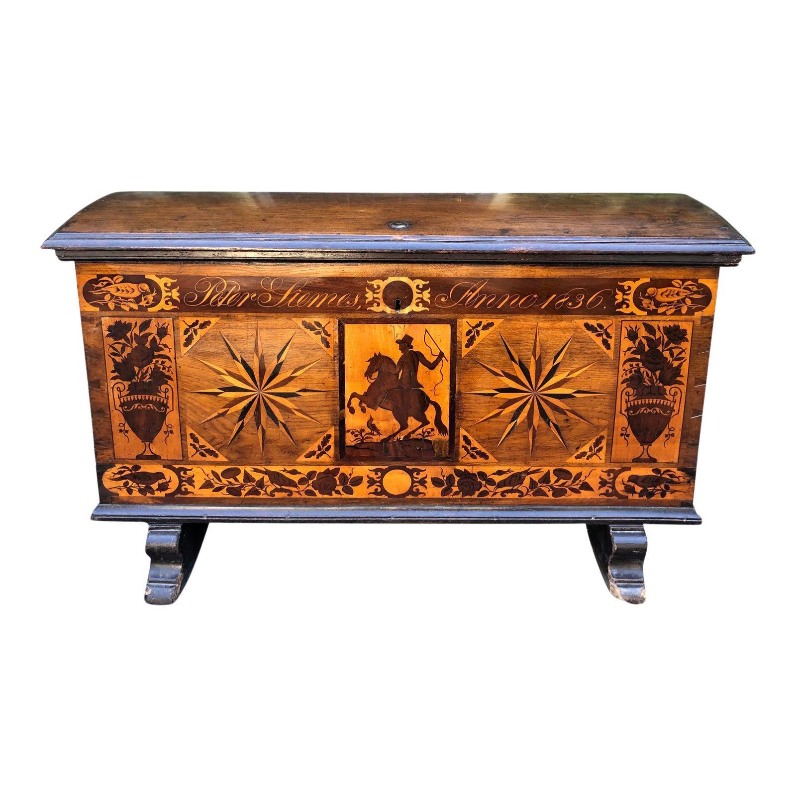 19th Century Antique Dutch Marquetry Inlaid Dome Top Marriage Coffer / Chest, Circa 1836 For Sale