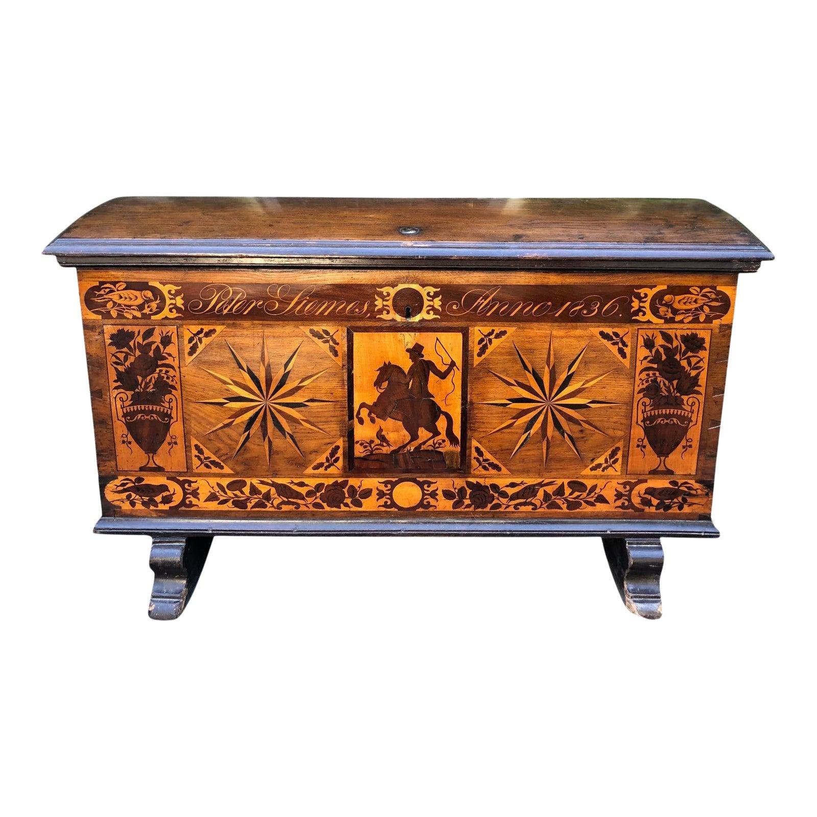 Antique Dutch Marquetry Inlaid Dome Top Marriage Coffer / Chest, Circa 1836 For Sale