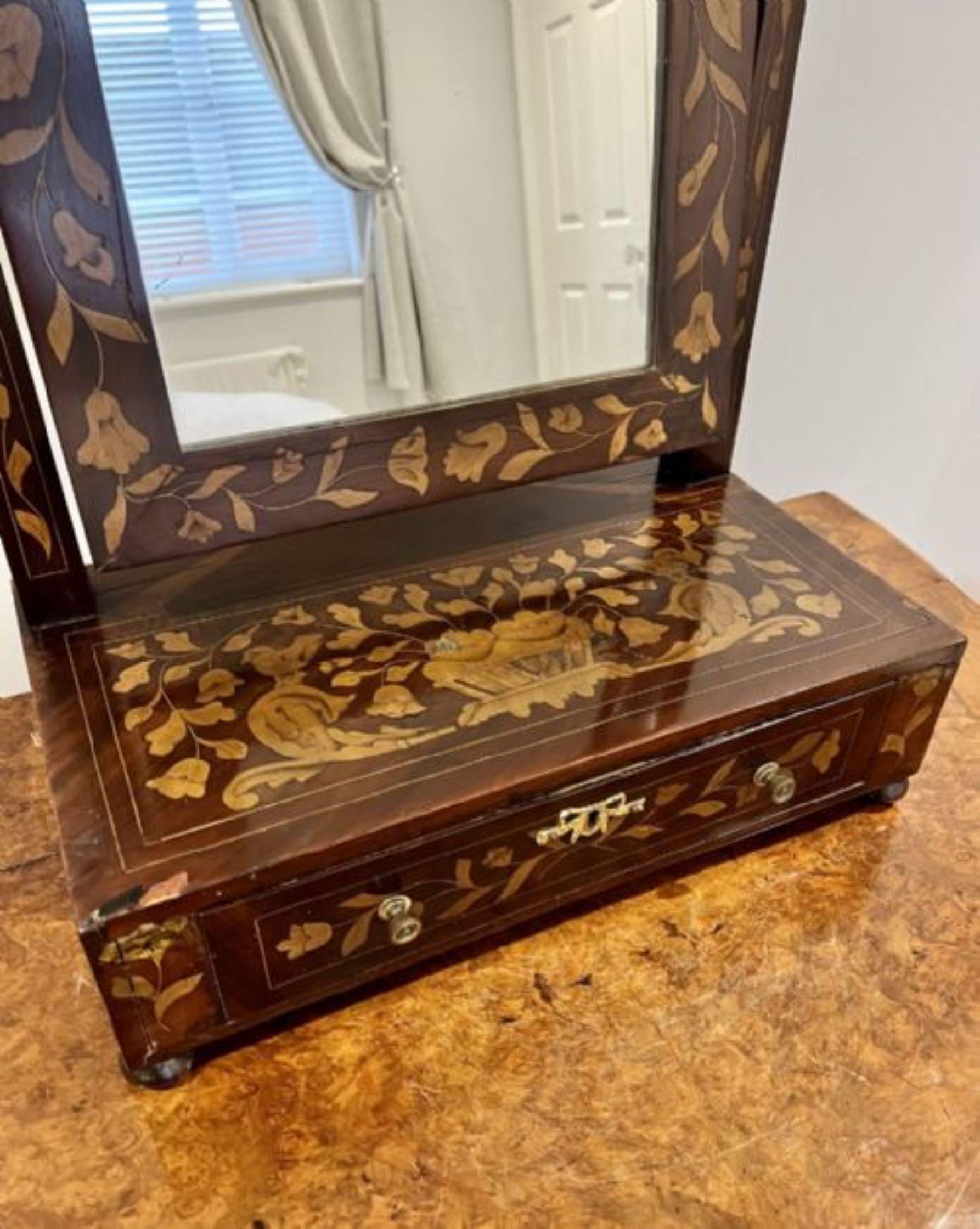 Antique quality mahogany Dutch marquetry inlaid dressing table mirror, quality antique Dutch marquetry inlaid tilting mirror above a marquetry inlaid base with one drawer opening to reveal a drawer with three compartments raised on original turned