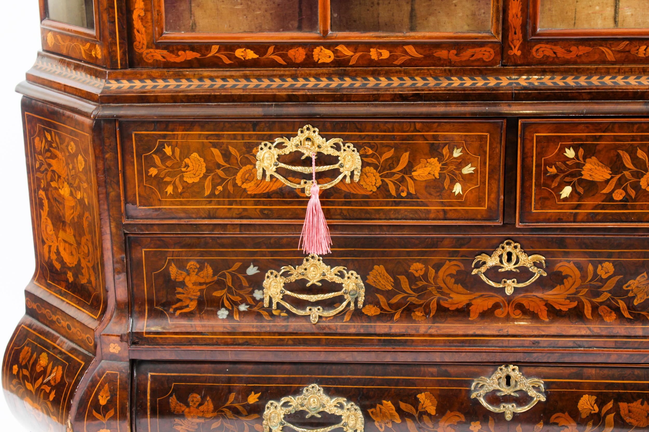 Antique Dutch Marquetry Inlaid Walnut Display Cabinet Vitrine, 18th C 6
