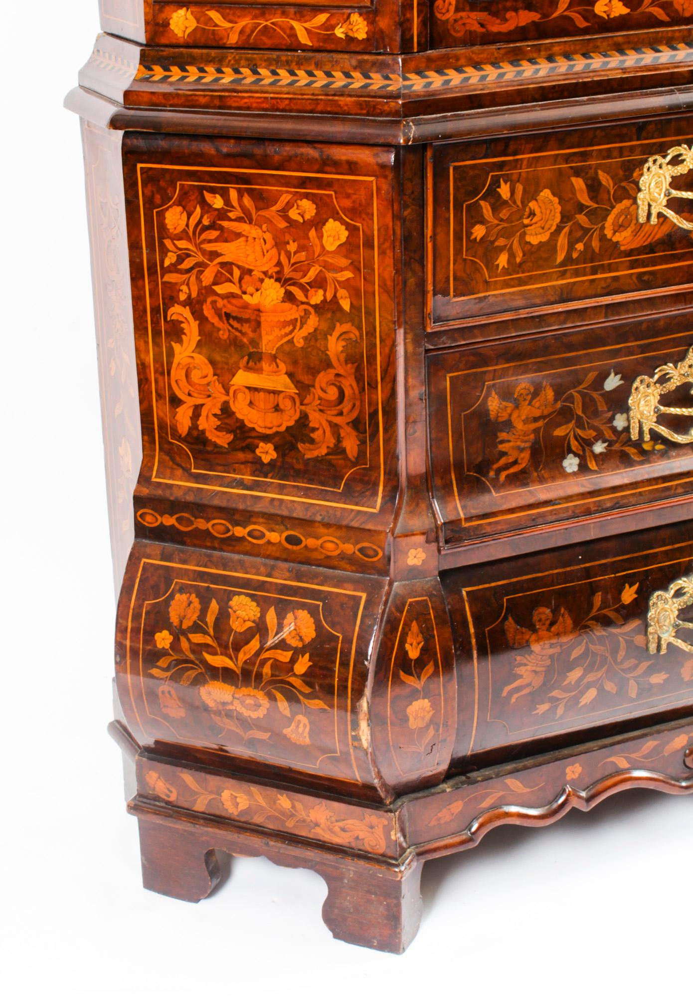 Antique Dutch Marquetry Inlaid Walnut Display Cabinet Vitrine, 18th C For Sale 12