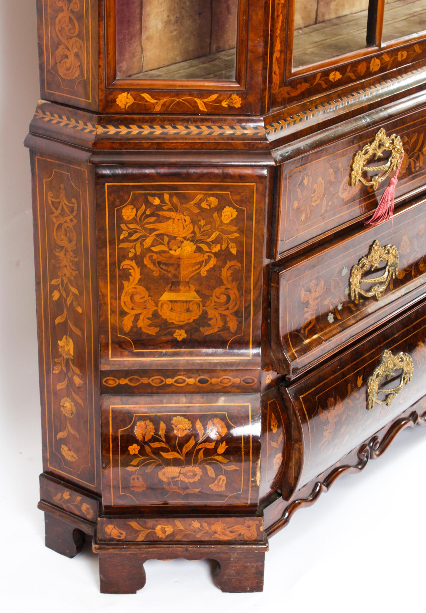 Antique Dutch Marquetry Inlaid Walnut Display Cabinet Vitrine, 18th C For Sale 13