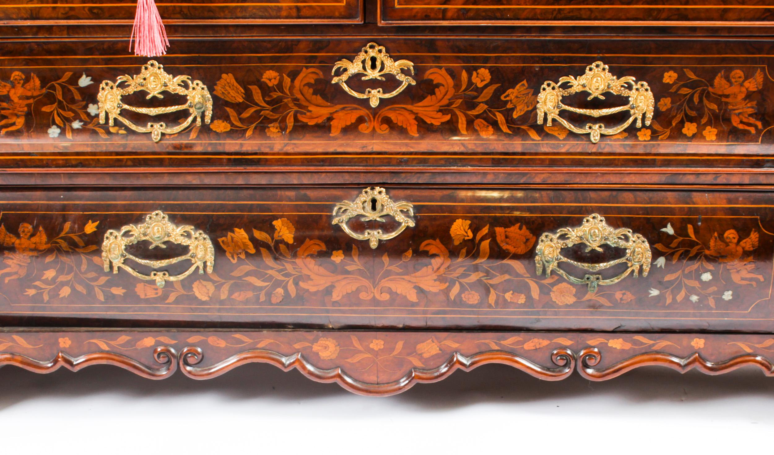 Antique Dutch Marquetry Inlaid Walnut Display Cabinet Vitrine, 18th C For Sale 4