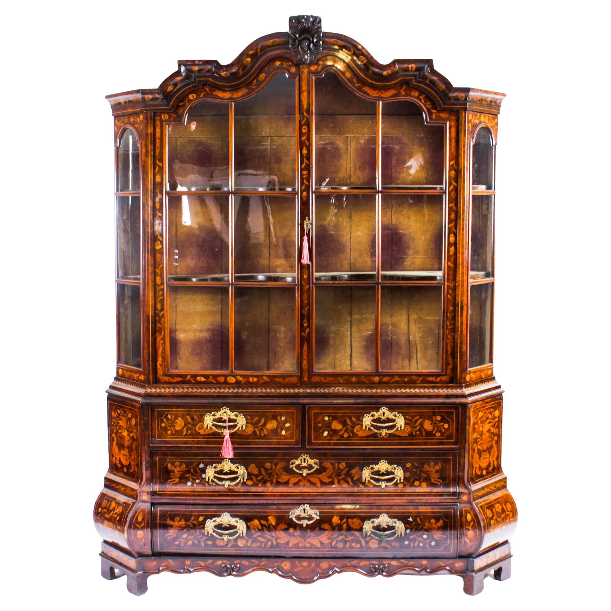 Antique Dutch Marquetry Inlaid Walnut Display Cabinet Vitrine, 18th C For Sale