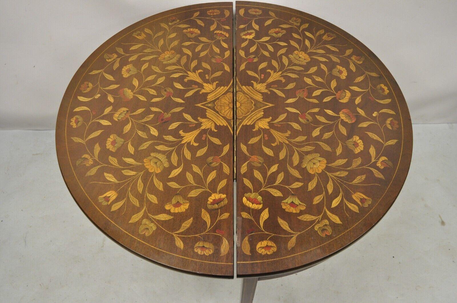 Antique Dutch Marquetry Inlay Flip Top Demilune Console Game Table In Good Condition For Sale In Philadelphia, PA