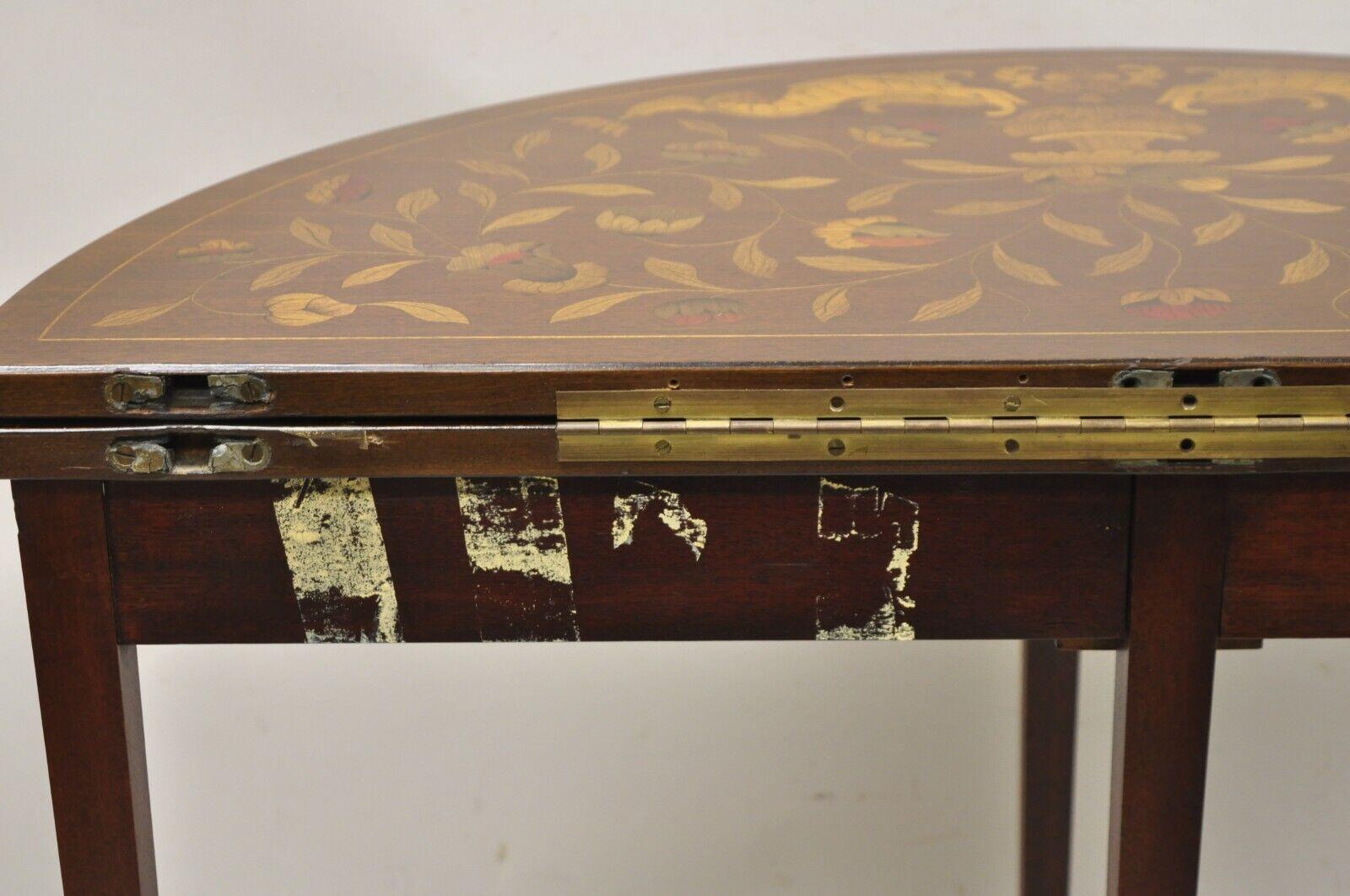 Mahogany Antique Dutch Marquetry Inlay Flip Top Demilune Console Game Table For Sale