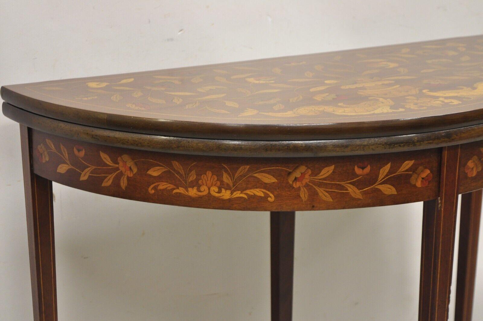 Antique Dutch Marquetry Inlay Flip Top Demilune Console Game Table For Sale 1