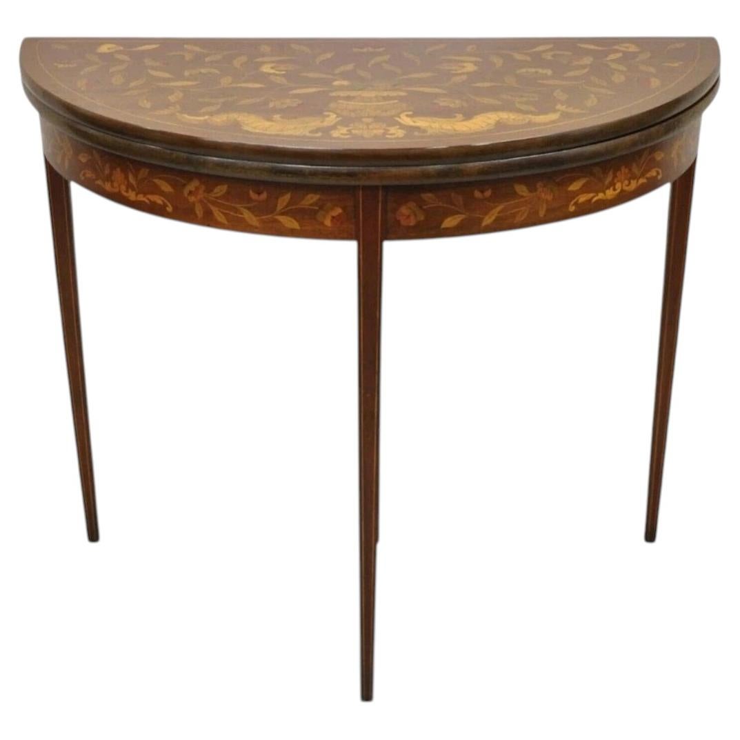 Antique Dutch Marquetry Inlay Flip Top Demilune Round Console Game Table