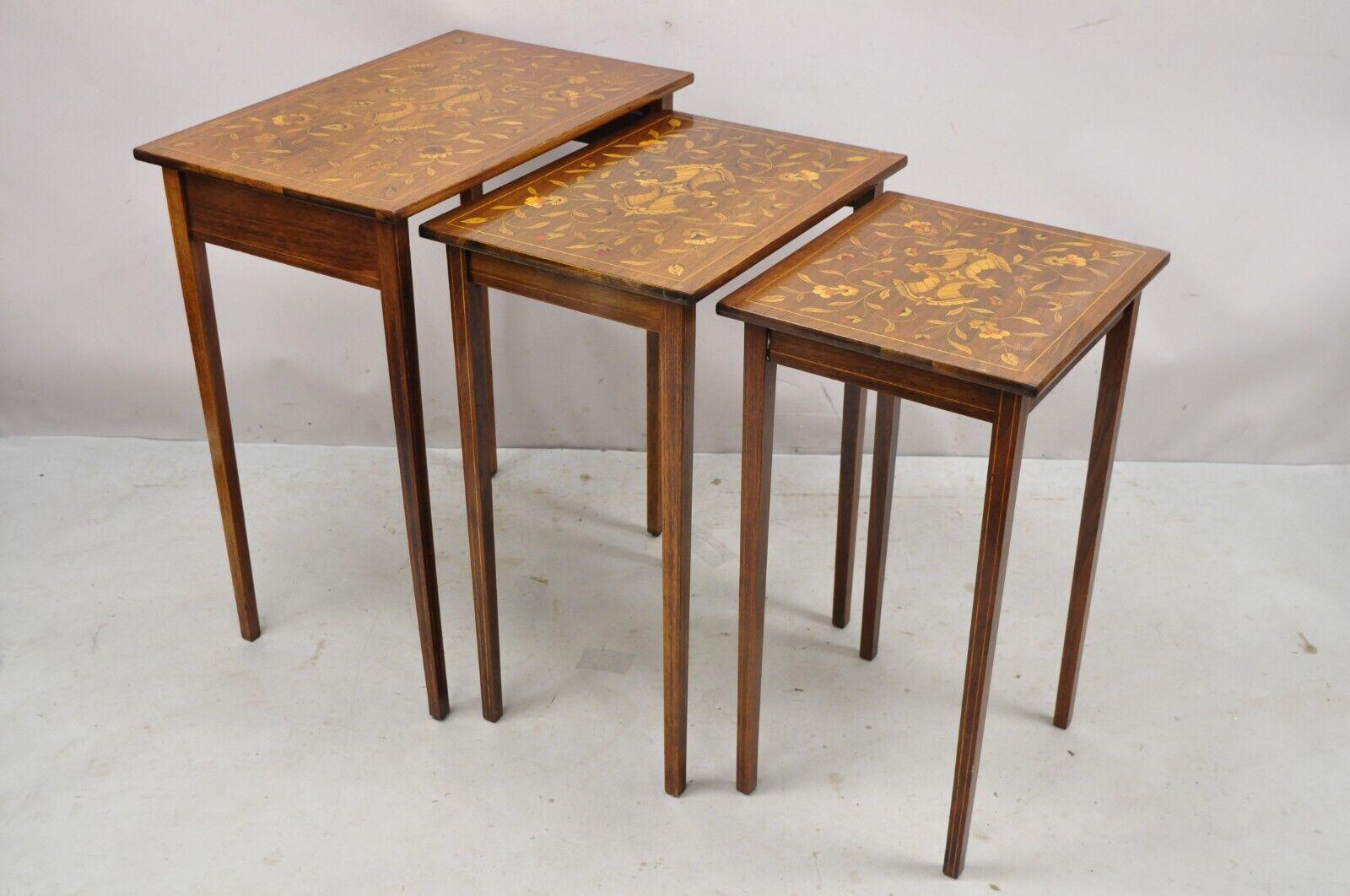 Antique Dutch Marquetry Inlay Mahogany Nesting Side Tables, 3 Pc Set For Sale 5