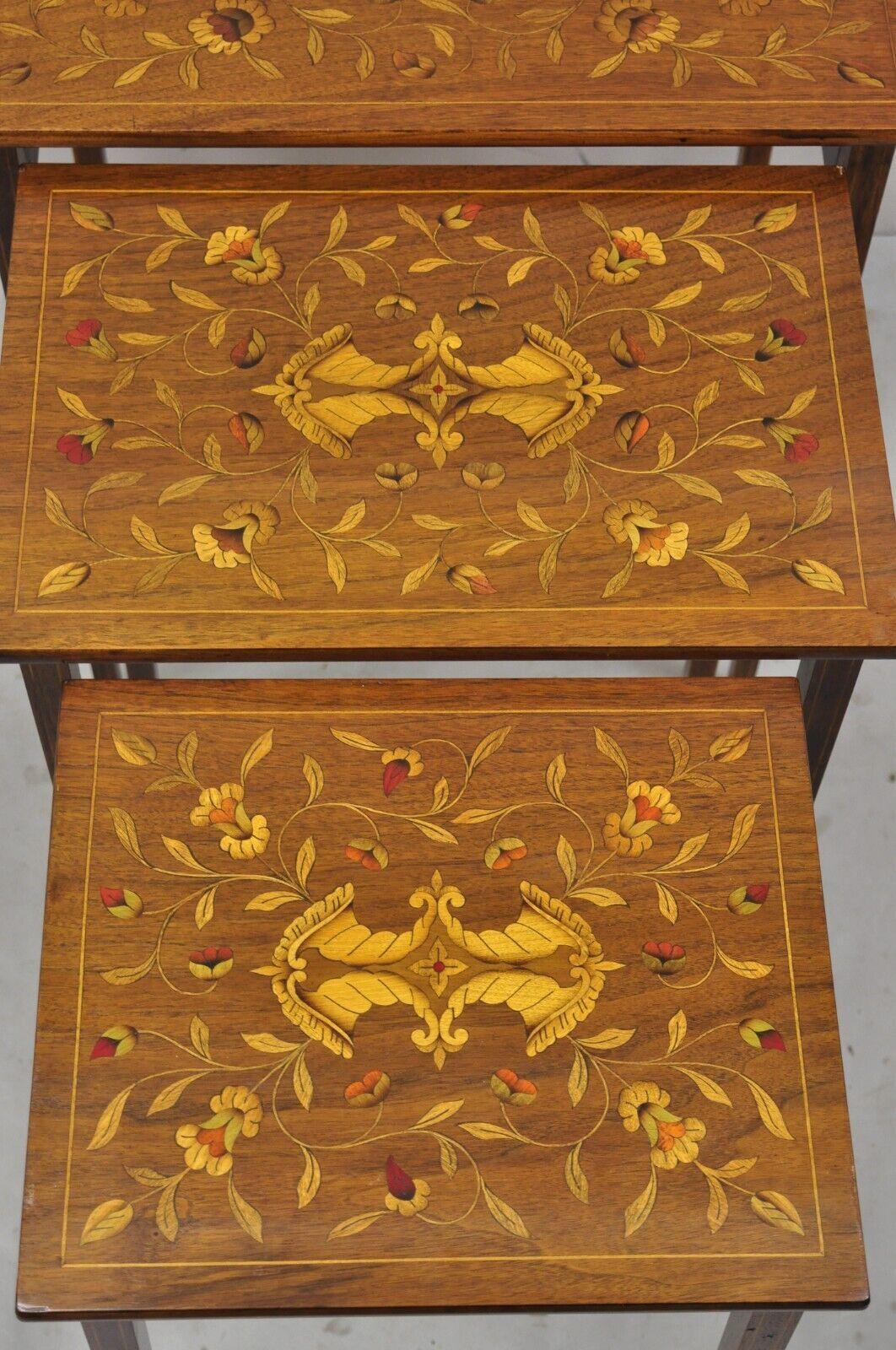 Dutch Colonial Antique Dutch Marquetry Inlay Mahogany Nesting Side Tables, 3 Pc Set For Sale