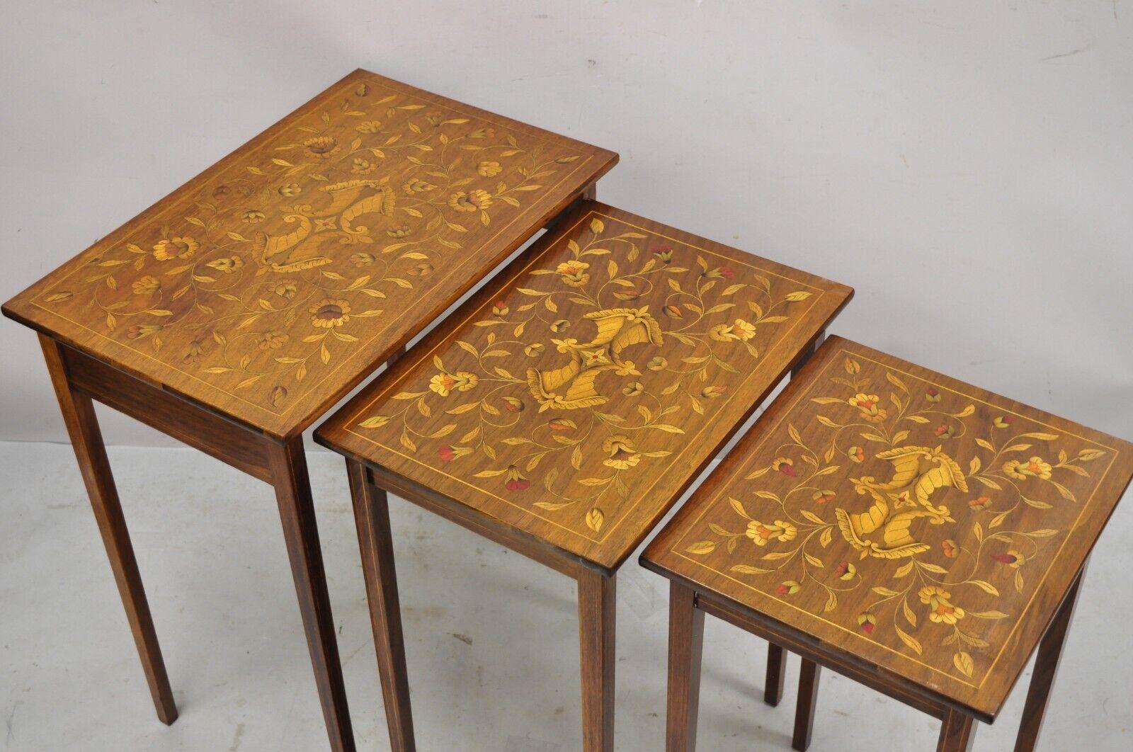 20th Century Antique Dutch Marquetry Inlay Mahogany Nesting Side Tables, 3 Pc Set For Sale