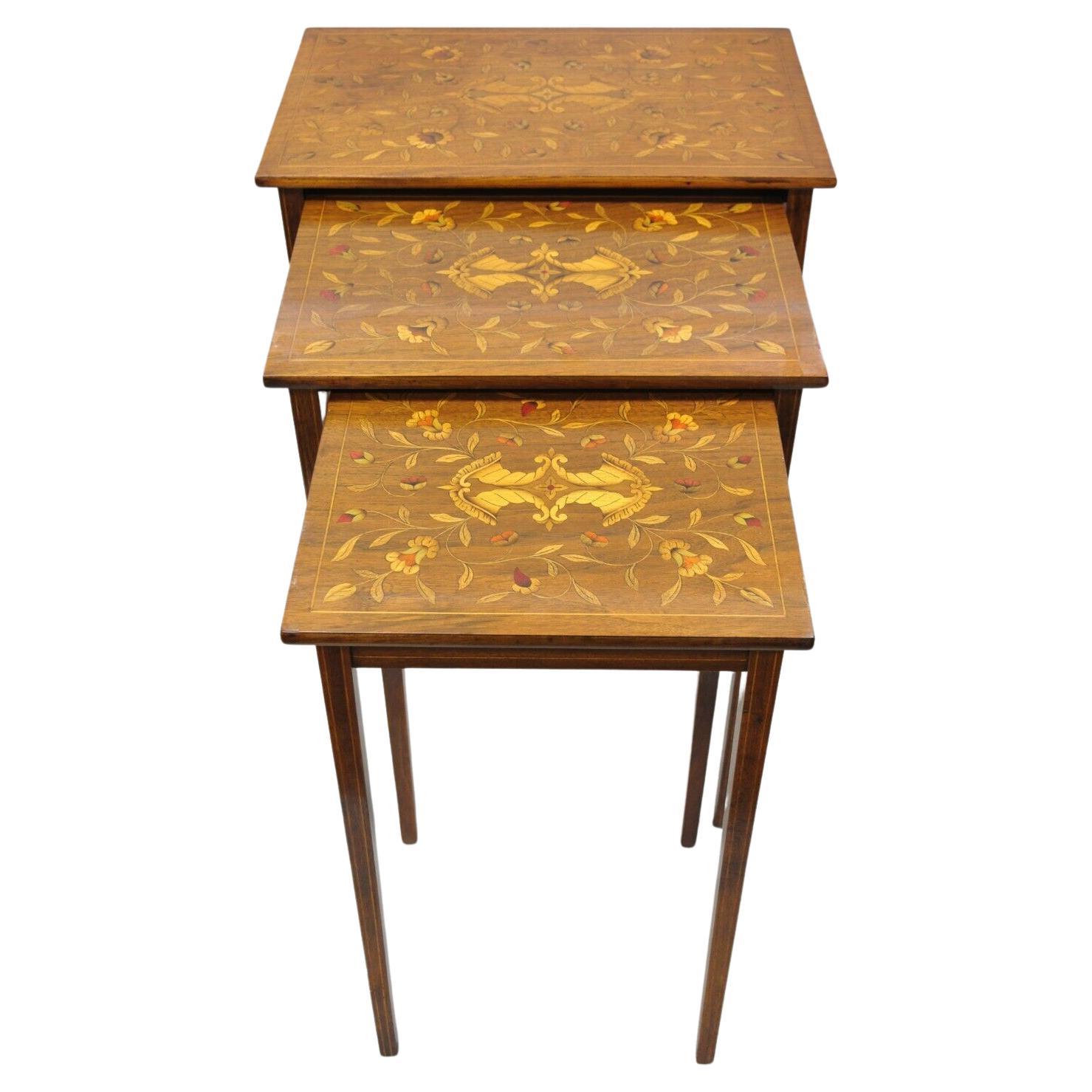 Antique Dutch Marquetry Inlay Mahogany Nesting Side Tables, 3 Pc Set For Sale