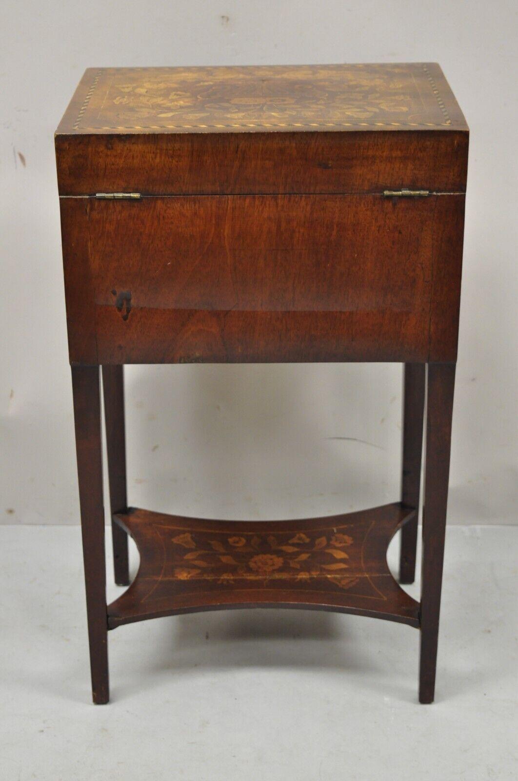 Antique Dutch Marquetry Inlay Mahogany Sewing Stand Side Table Nightstand 6