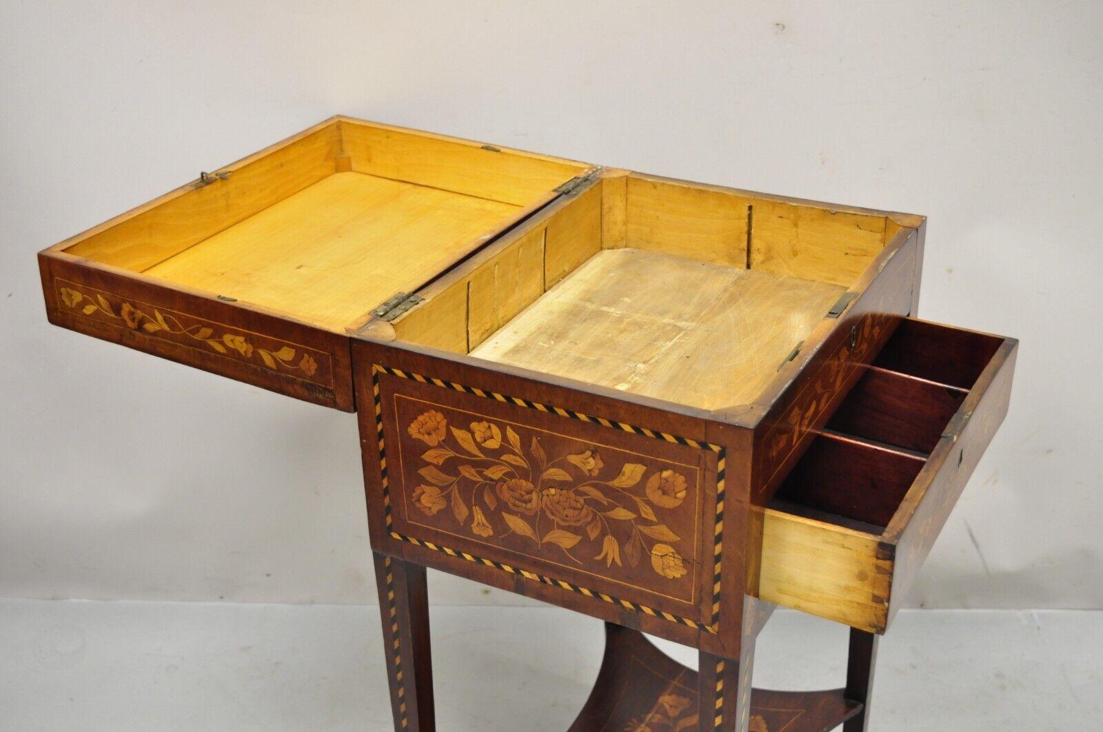 Antique Dutch Marquetry Inlay Mahogany Sewing Stand Side Table Nightstand In Good Condition In Philadelphia, PA