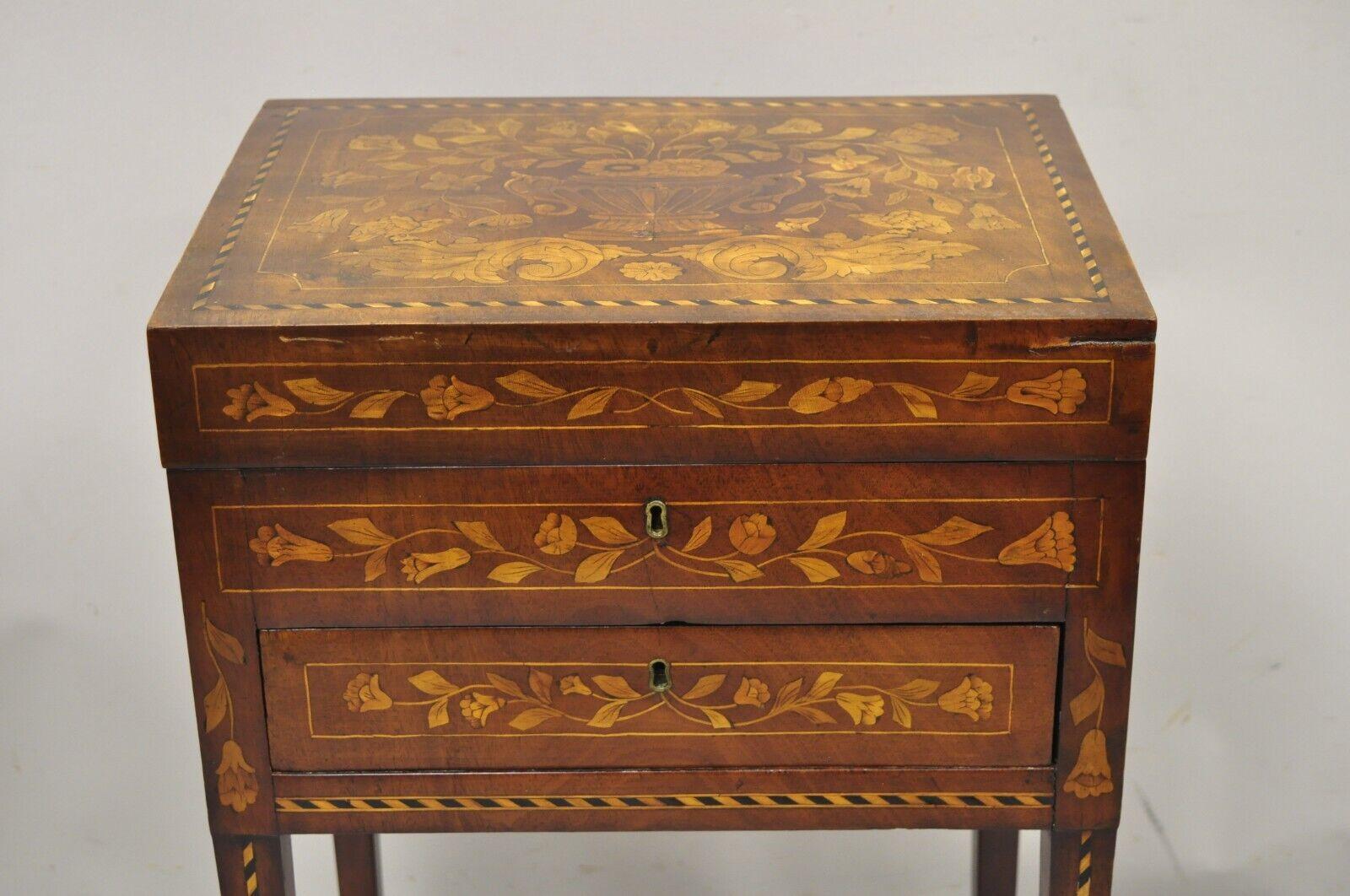 19th Century Antique Dutch Marquetry Inlay Mahogany Sewing Stand Side Table Nightstand