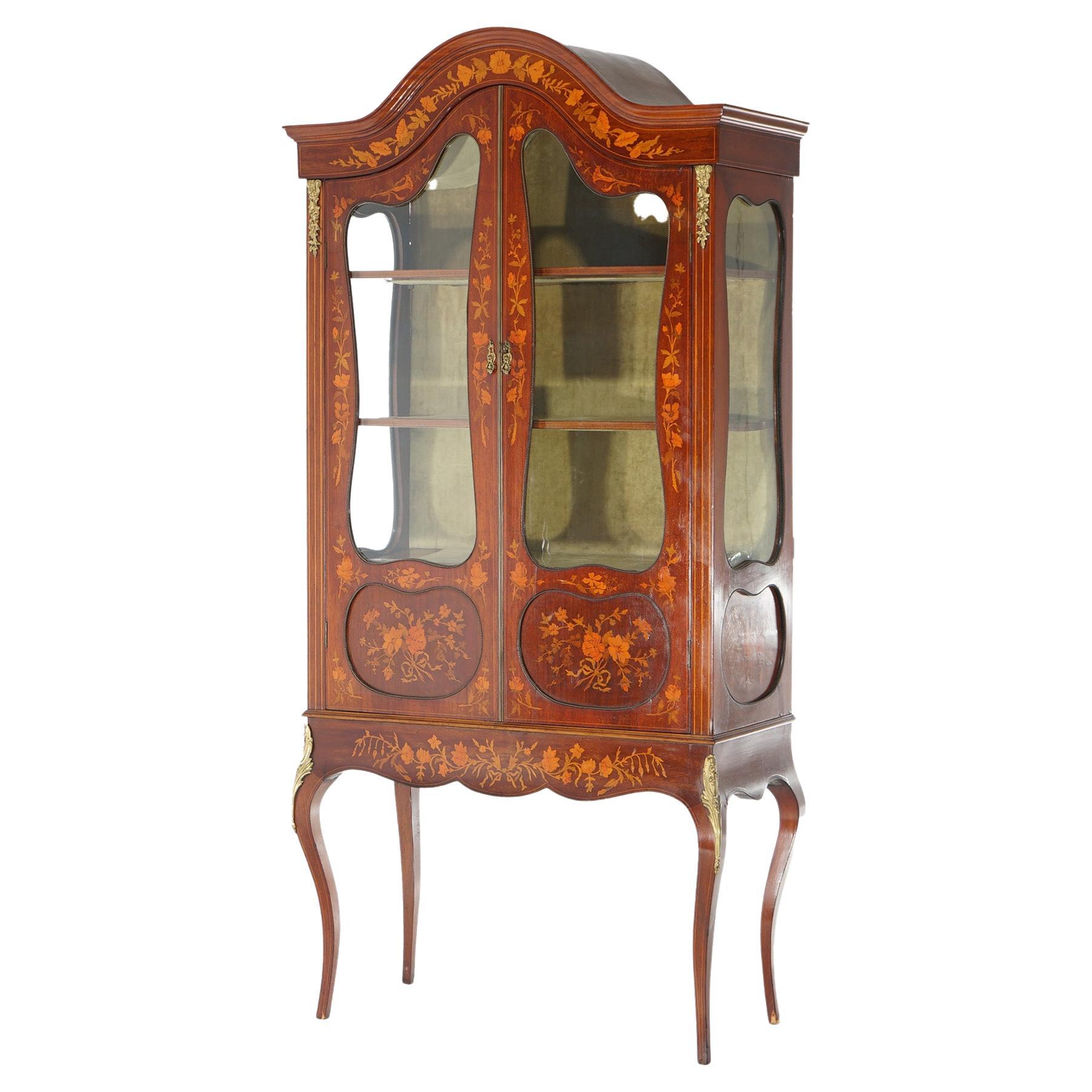 Antique Dutch Marquetry Mahogany Display Cabinet with Ormolu Mounts c1890 For Sale