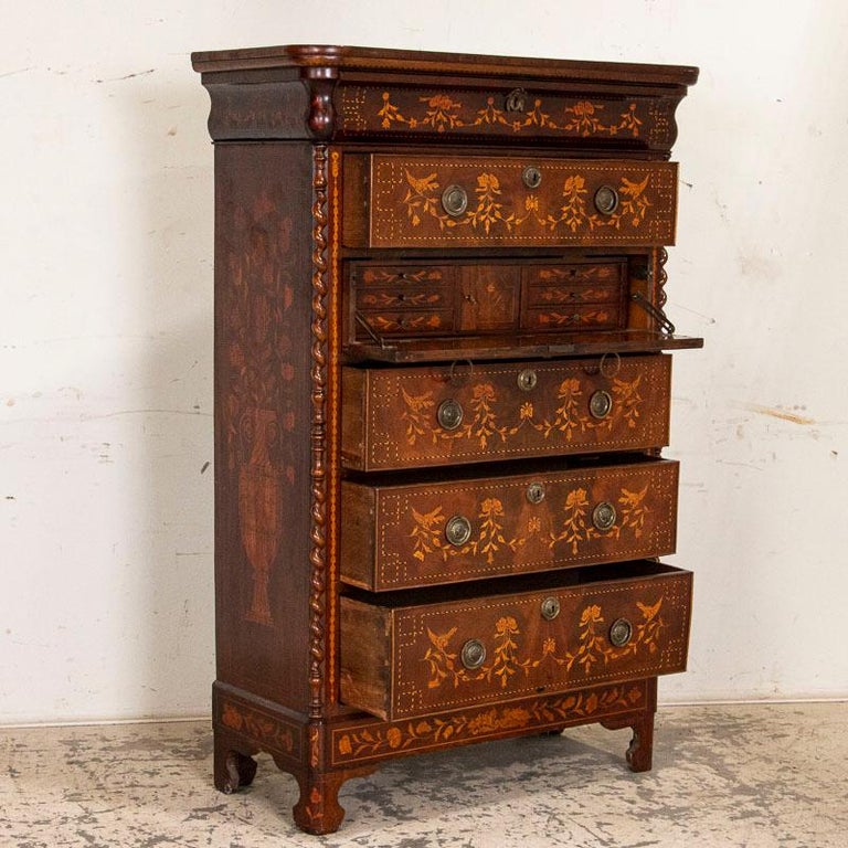 Antique Dutch Marquetry Mahogany Inlaid Highboy Chest of Drawers from