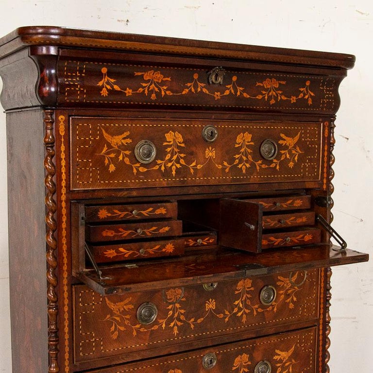 Antique Dutch Marquetry Mahogany Inlaid Highboy Chest of Drawers from