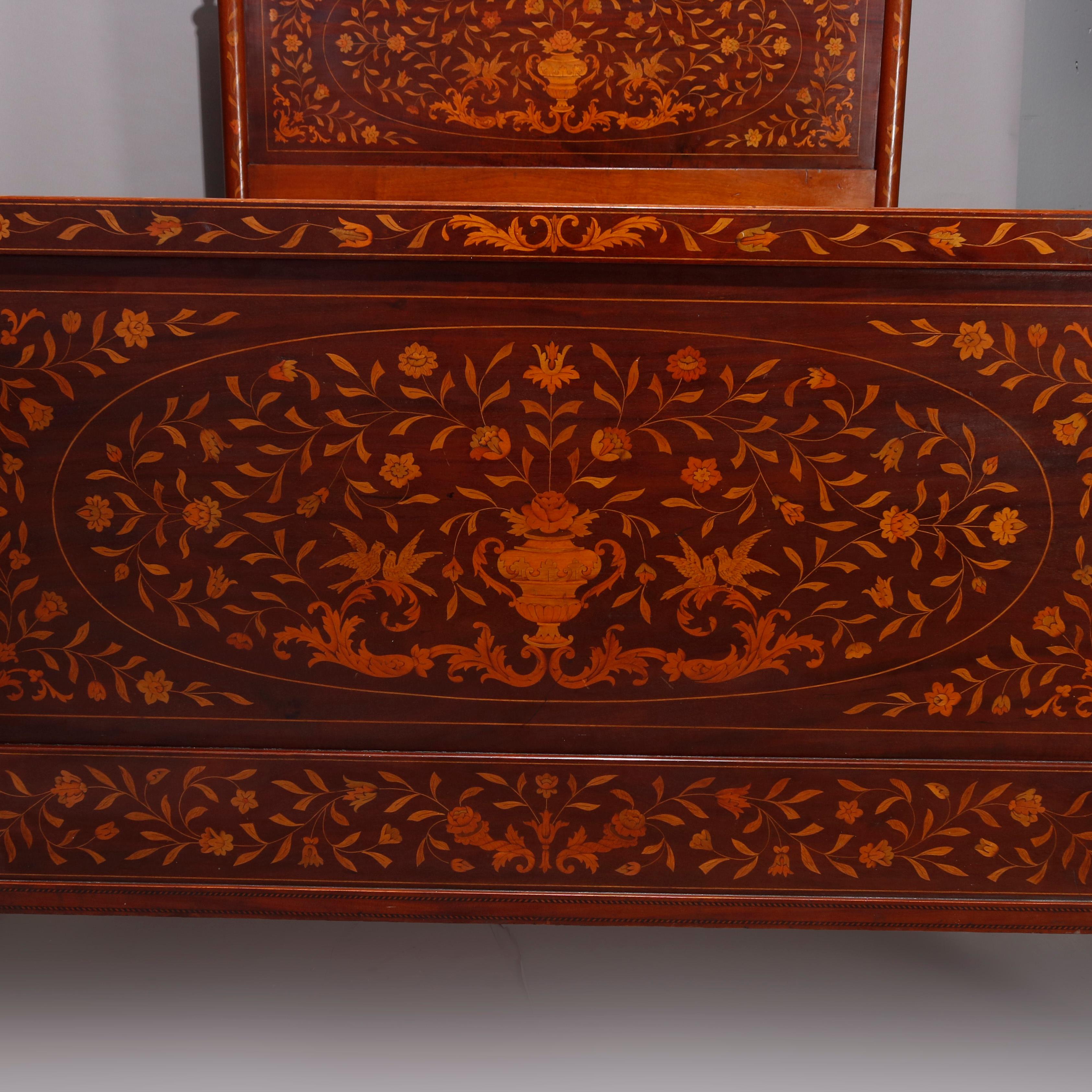 European Antique Dutch Marquetry Mahogany Full Size Bed with Floral Urn Satinwood Inlay