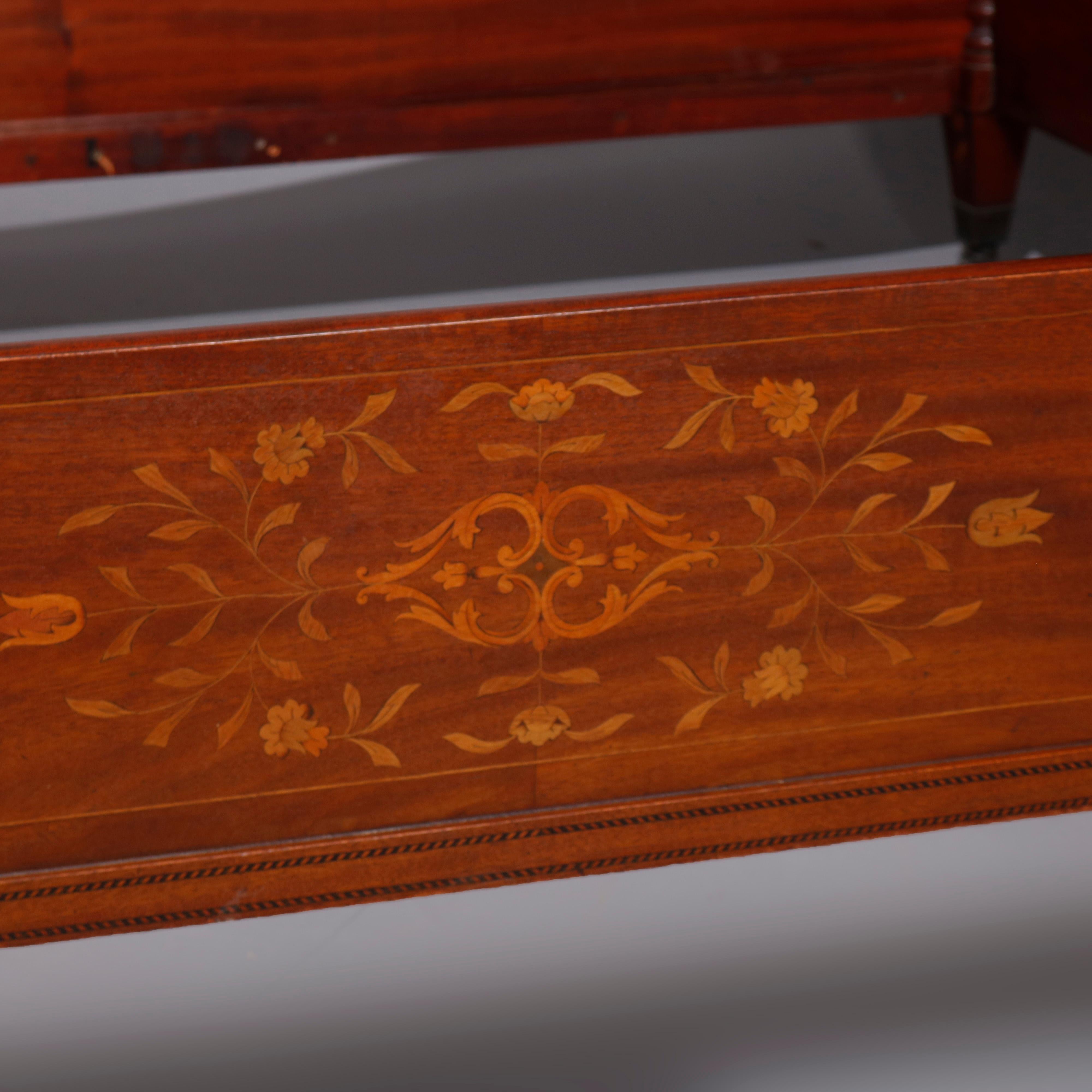 Antique Dutch Marquetry Mahogany Full Size Bed with Floral Urn Satinwood Inlay 3