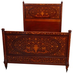 Antique Dutch Marquetry Mahogany Full Size Bed with Floral Urn Satinwood Inlay