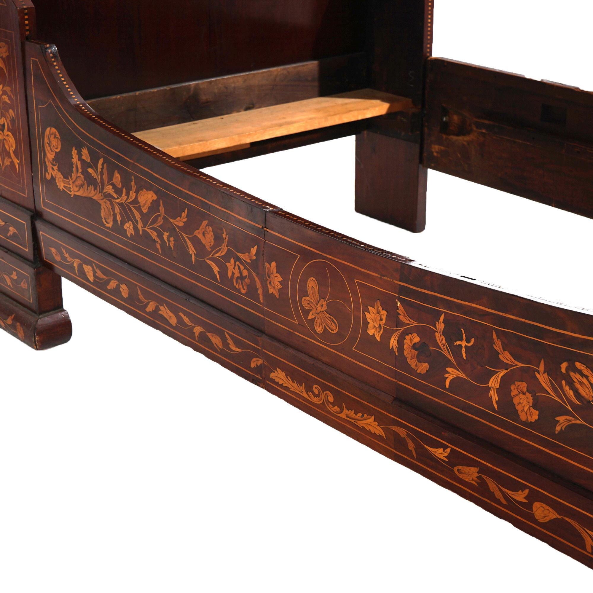 Antique Dutch Marquetry Rosewood, Mahogany & Satinwood Youth Sleigh Bed C1860 8