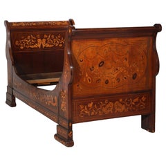 Antique Dutch Marquetry Rosewood, Mahogany & Satinwood Youth Sleigh Bed C1860