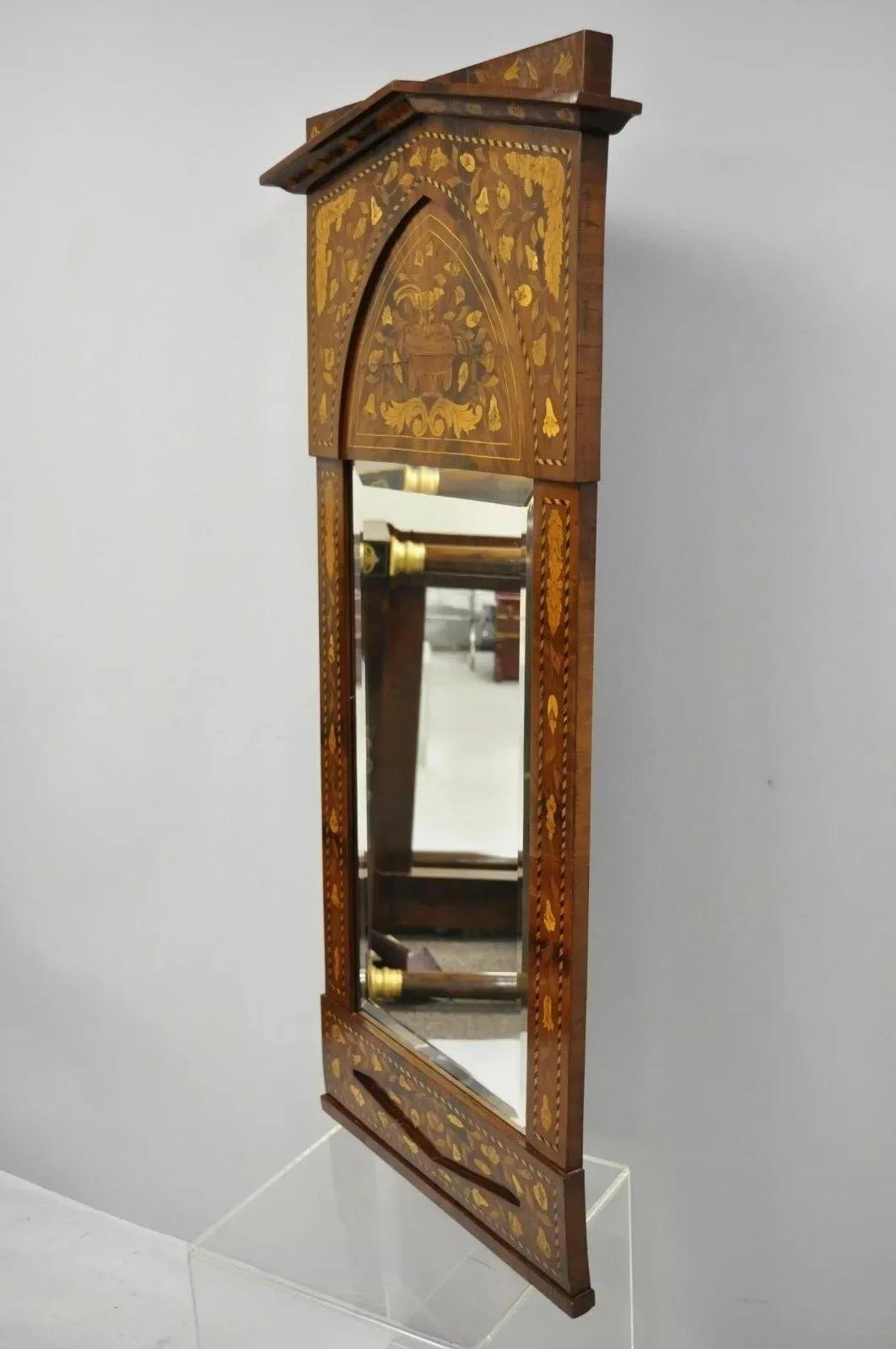 Miroir Antique miroir mural console hollandais en marqueterie de bois de citronnier incrusté de verre biseauté en vente